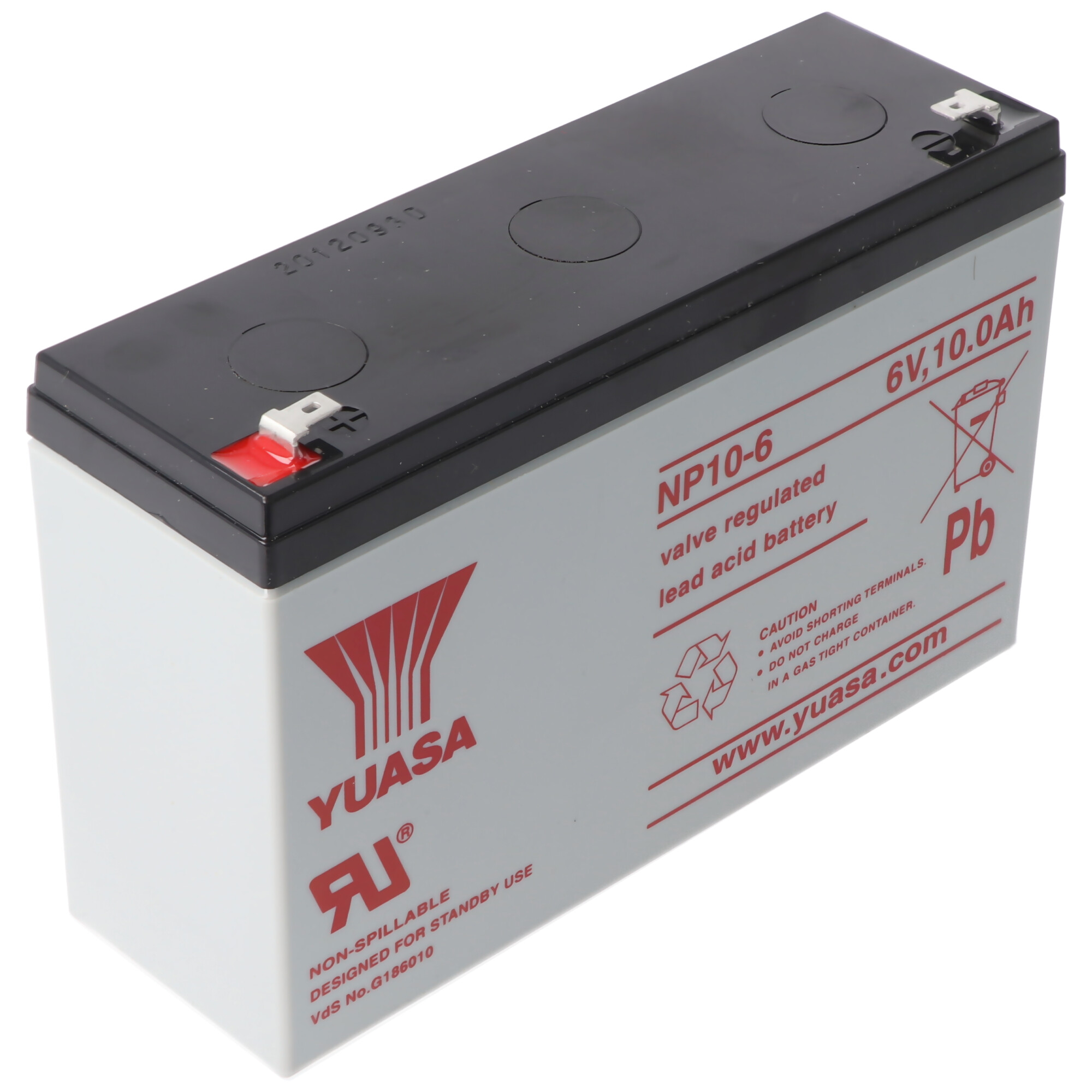 Eine schwarze und graue Batterie mit Warnhinweisen und Etiketten.