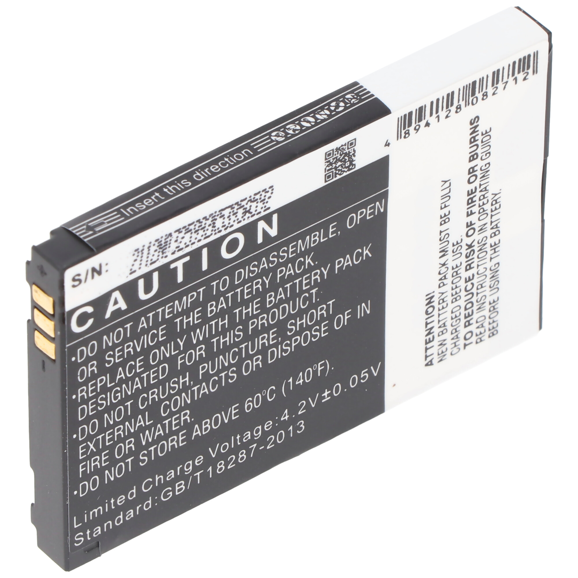 Eine rechteckige Batterie mit Warnhinweisen und Vorsichtshinweisen.
