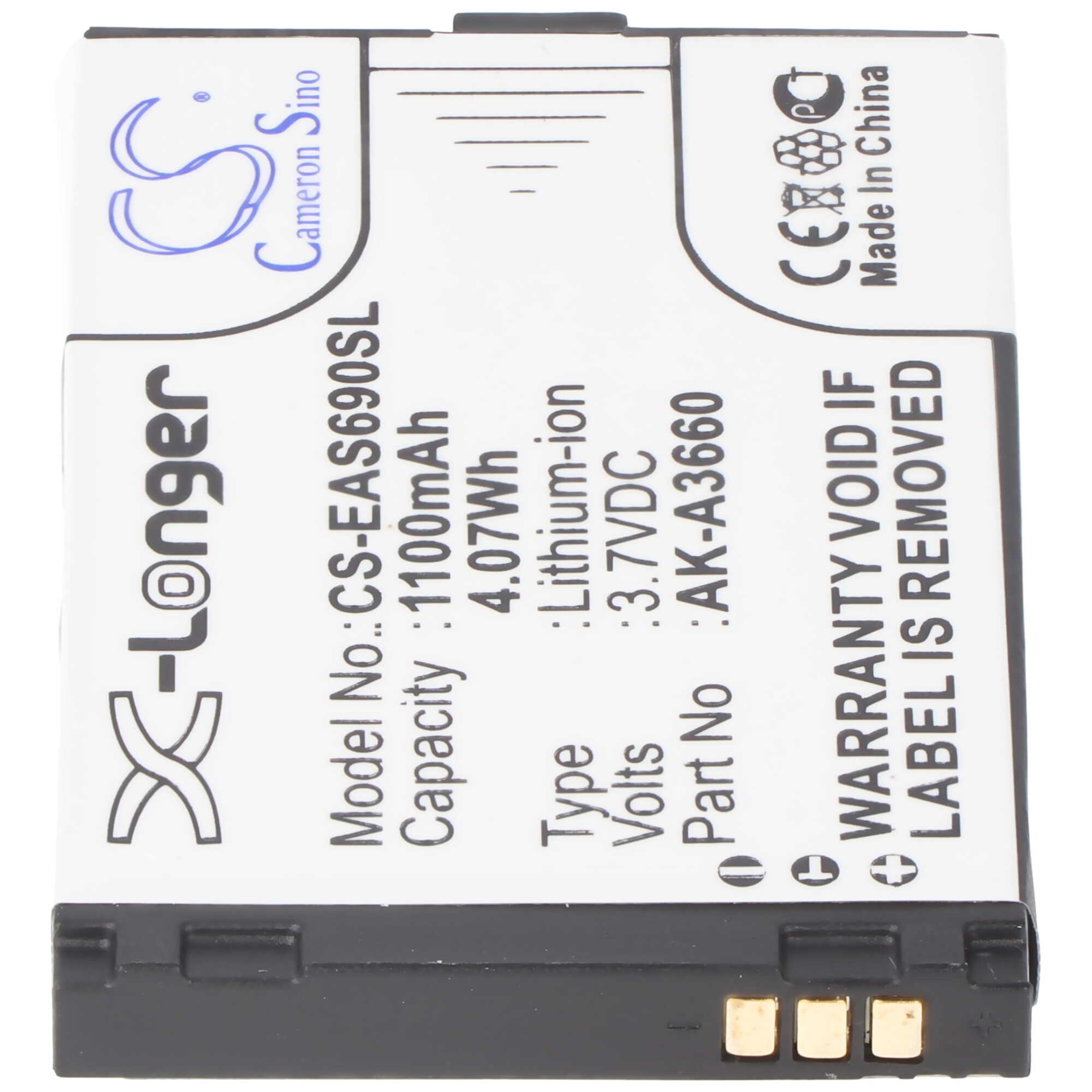 Eine weiße Batterie mit Text. Sie hat einen schwarzen Boden und blaue und weiße Akzente. Der Text ist weiß.