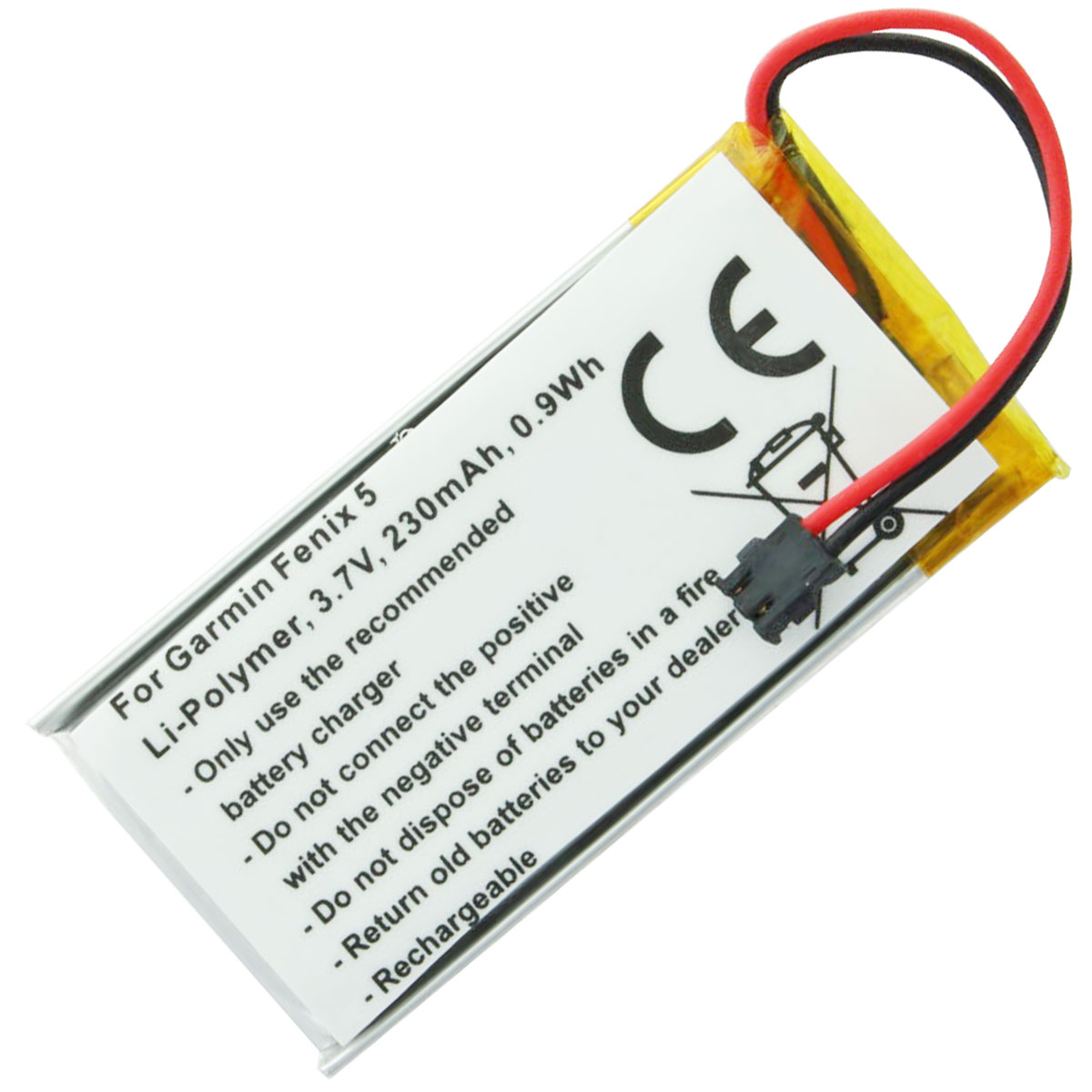 Ein kleiner, rechteckiger Akku mit roten und schwarzen Drähten und einem schwarzen Stecker.