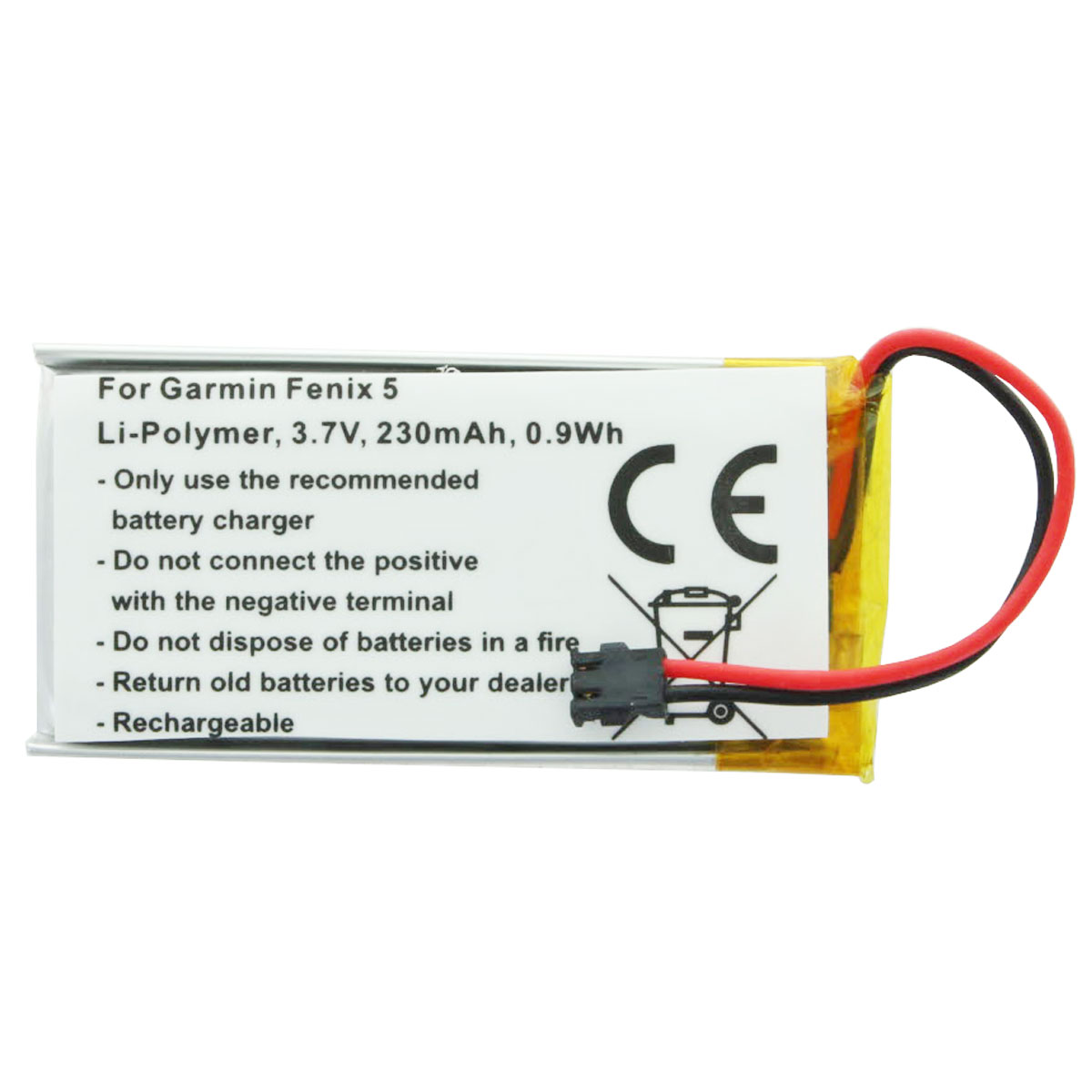 Eine kleine Batterie mit Drähten und einem Stecker, die das Etikett mit Anweisungen zeigt.