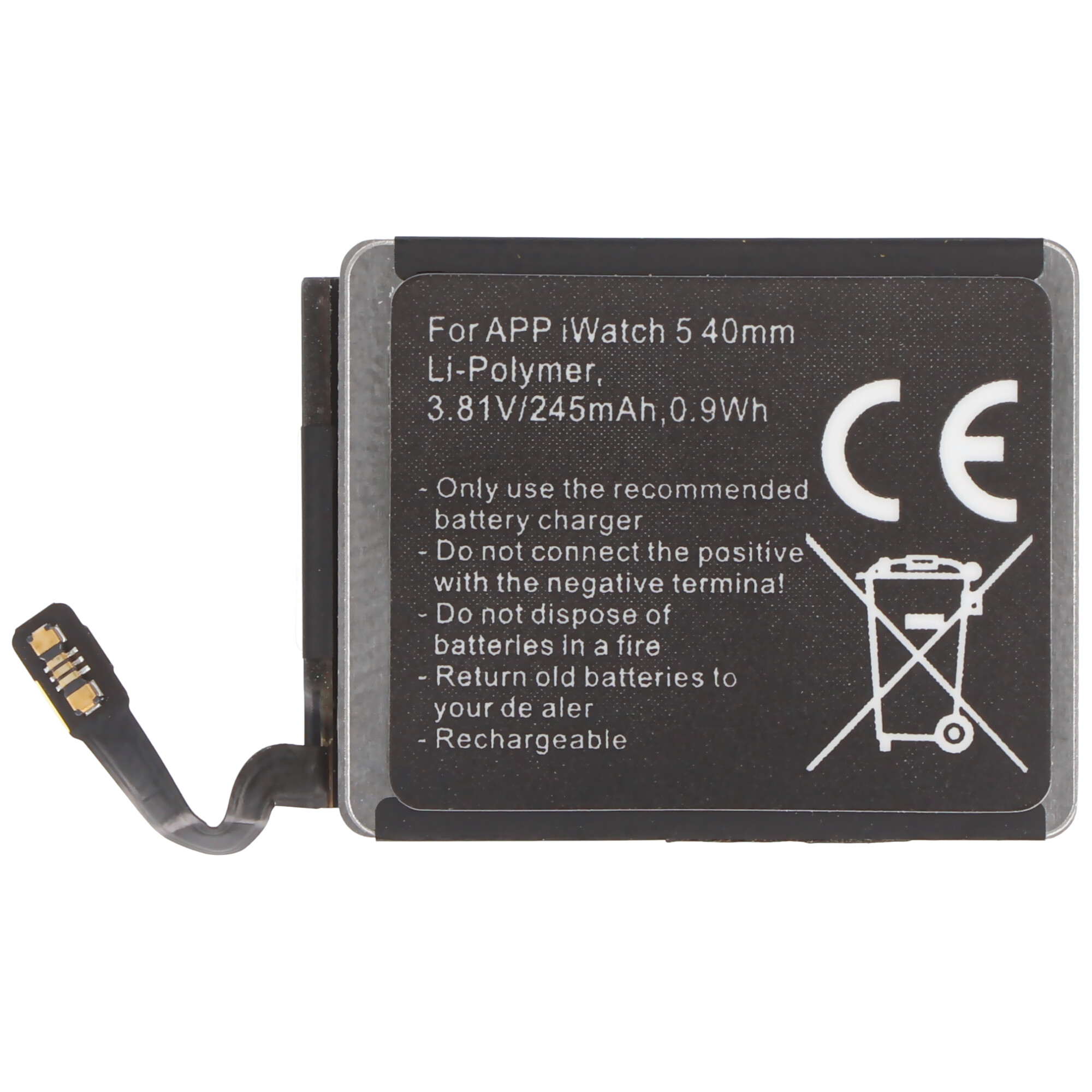 Eine schwarze und graue Apple Watch-Batterie mit Sicherheitshinweisen und einem CE-Zeichen.