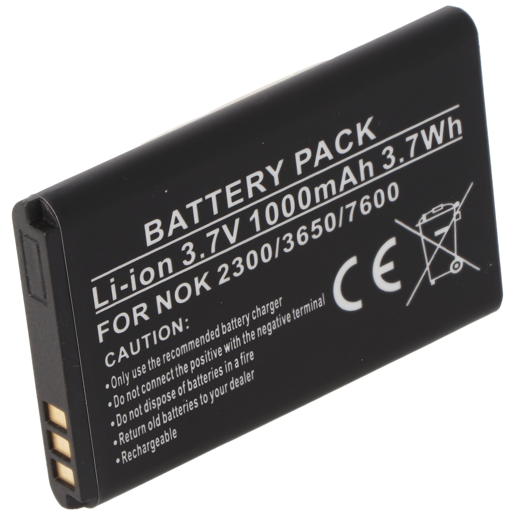 Schwarzer Akku. Text: Li-Ion 3,7V 1000mAh 3,7Wh, FÜR NOK 2300/3650/7600. Achtung: Verwenden Sie das empfohlene Ladegerät.
