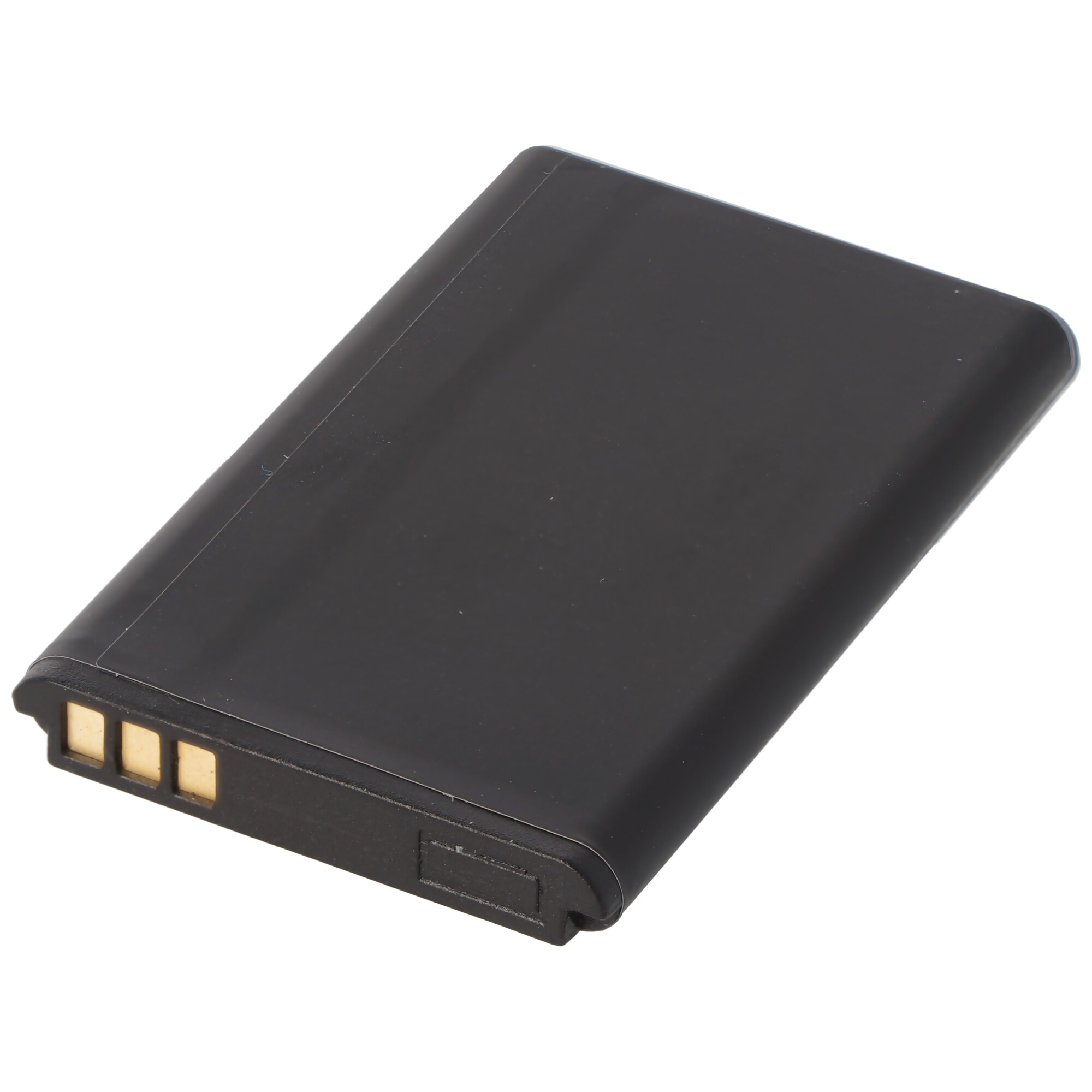 Eine schwarze rechteckige Batterie. Goldkontakte sind sichtbar.