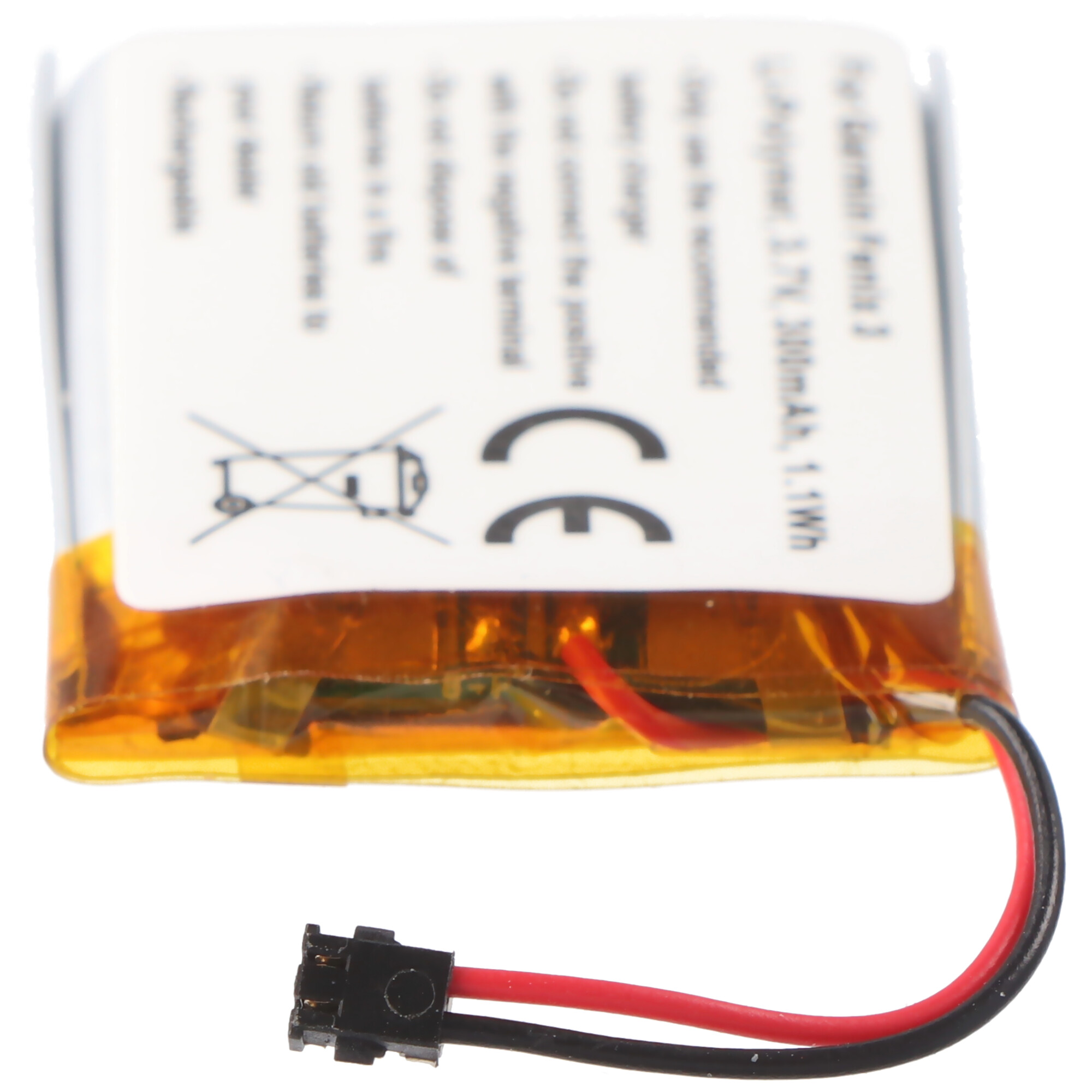 Eine kleine Batterie mit Drähten und einem Stecker, mit einem Etikett darauf.