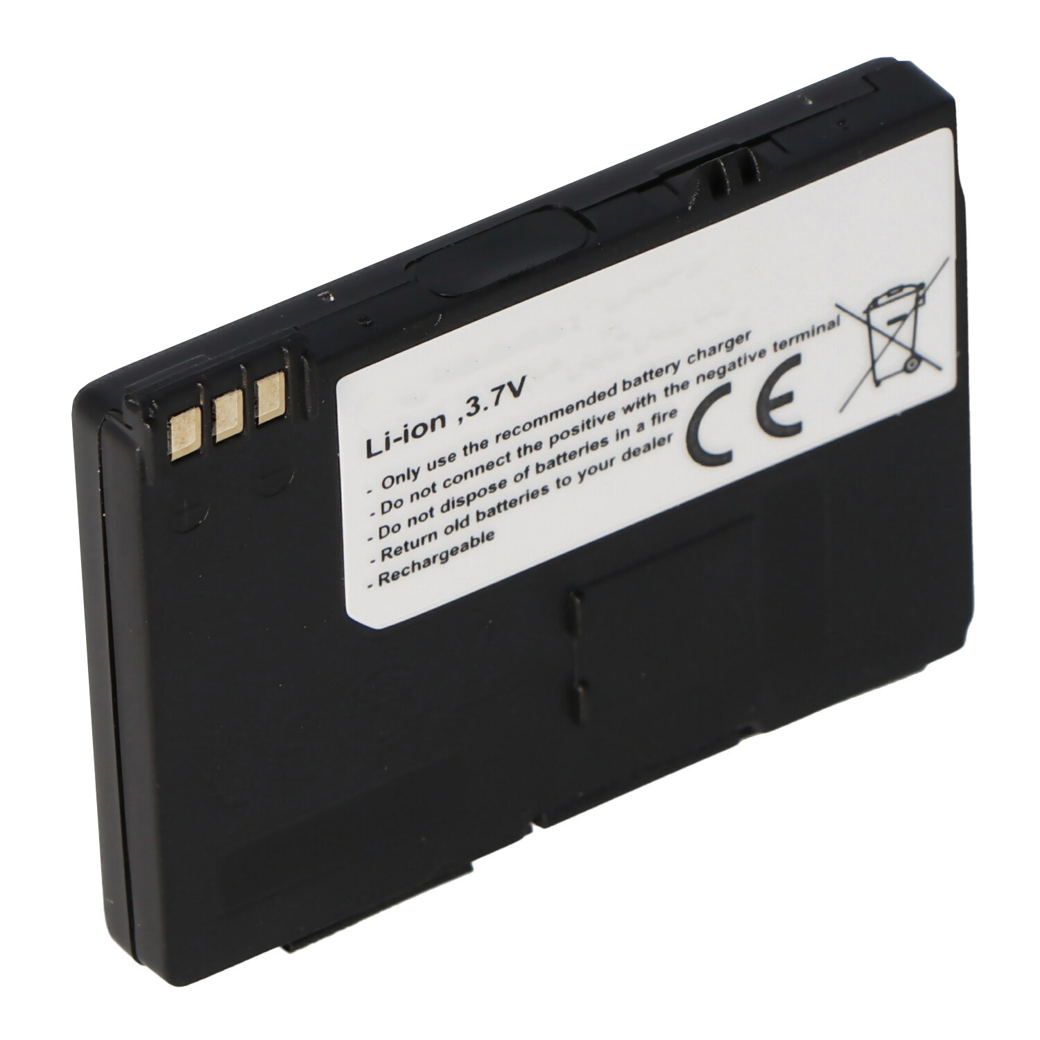 Schwarzer Li-Ionen 3,7V Akku mit Warnhinweisen und CE-Zeichen.