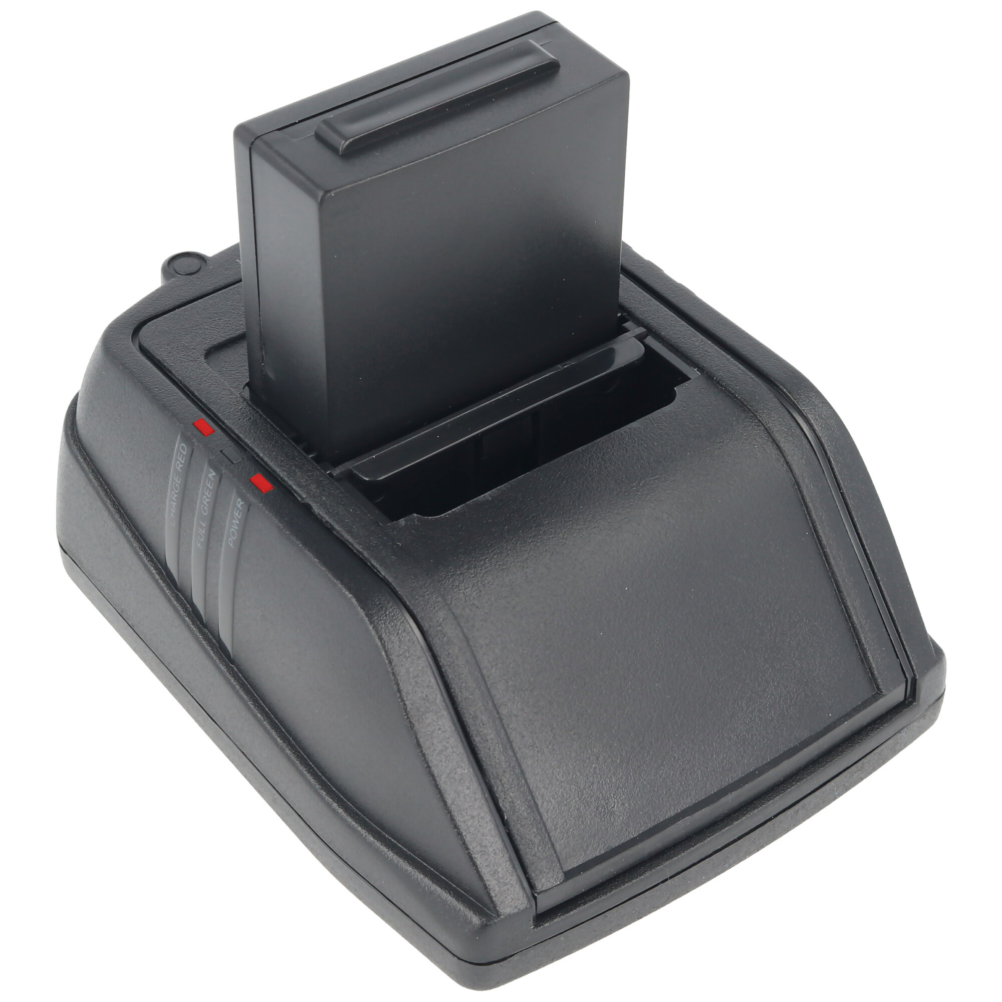 Zwarte batterijlader, met een batterij in de oplaadgleuf. Grijs oppervlak.