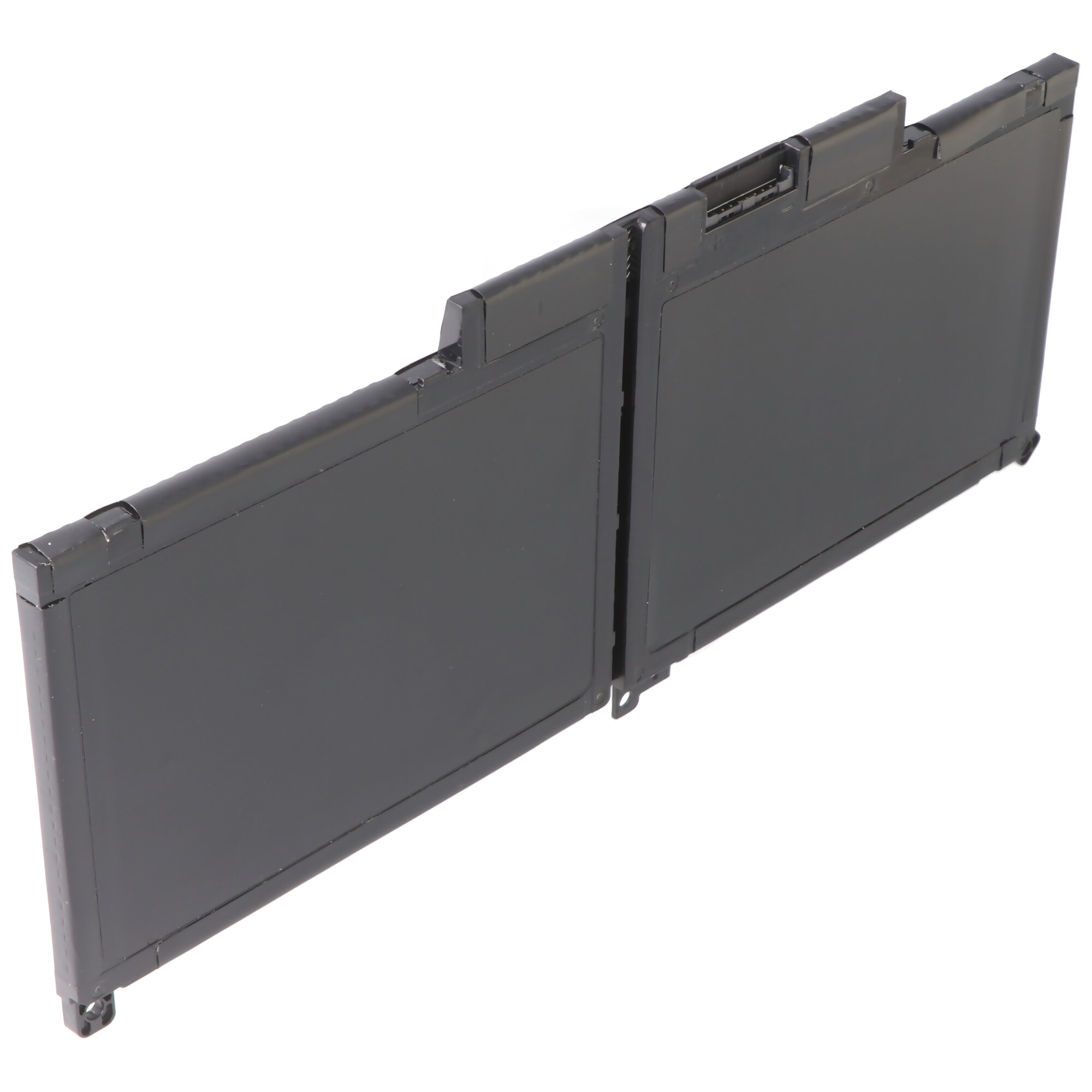 Ein schwarzer Laptop-Akku mit zwei Rechtecken. Es ist auf weißem Hintergrund.