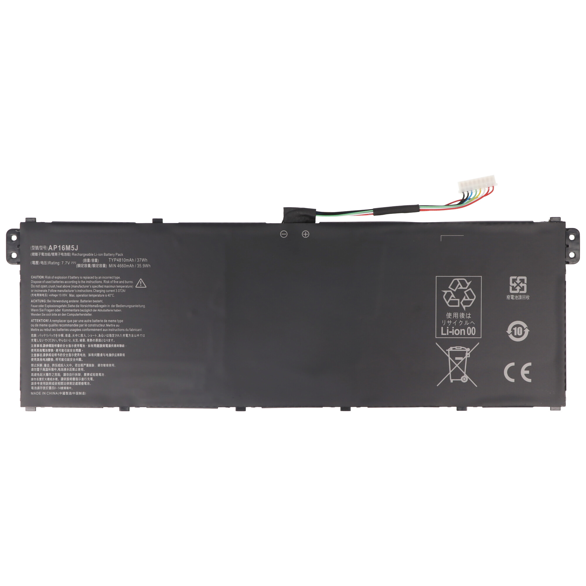 Eine Batterie mit Etiketten, Anschlüssen und Warnhinweisen.
