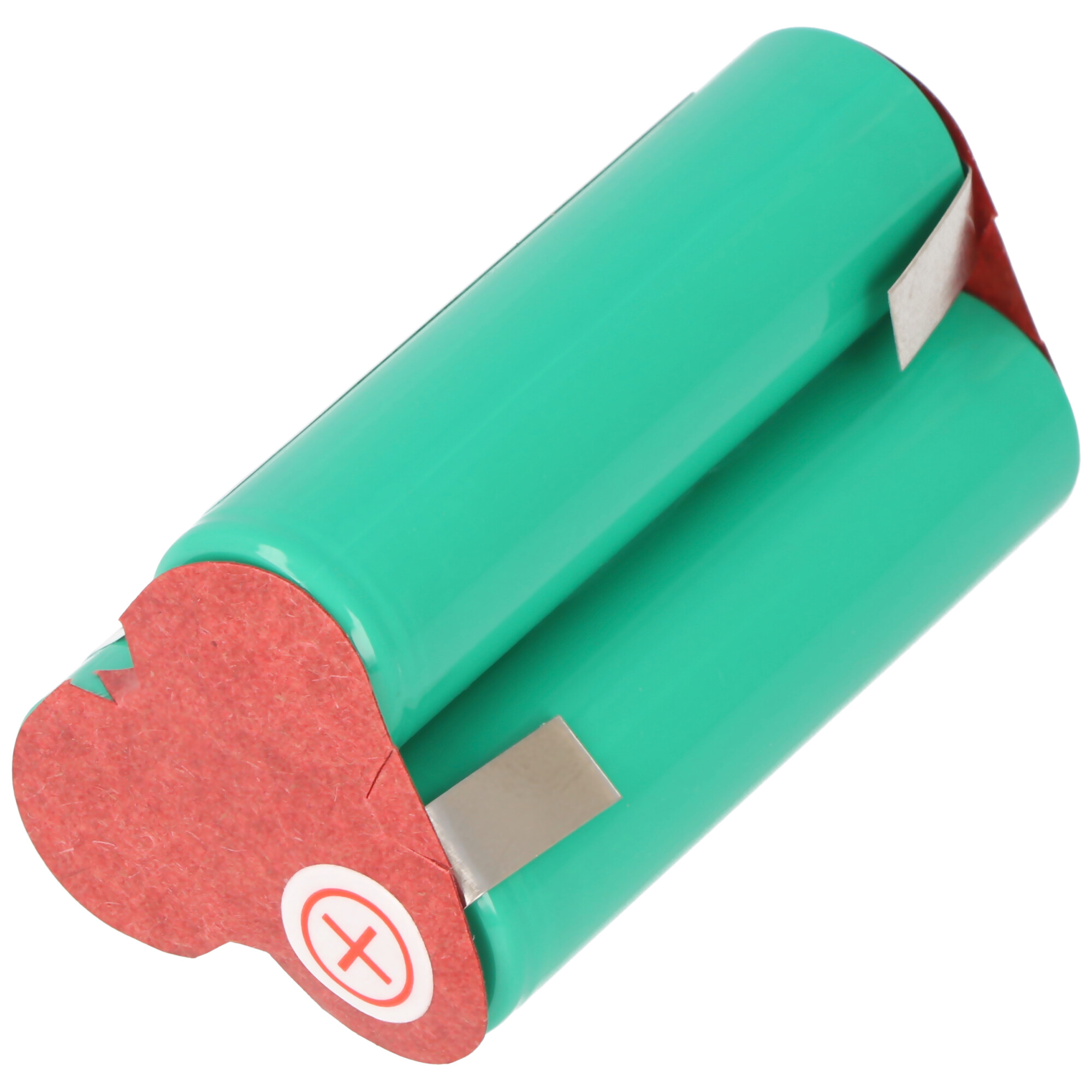 Zwei grüne zylindrische Batterien mit rotem Kleber und silbernen Kontakten.