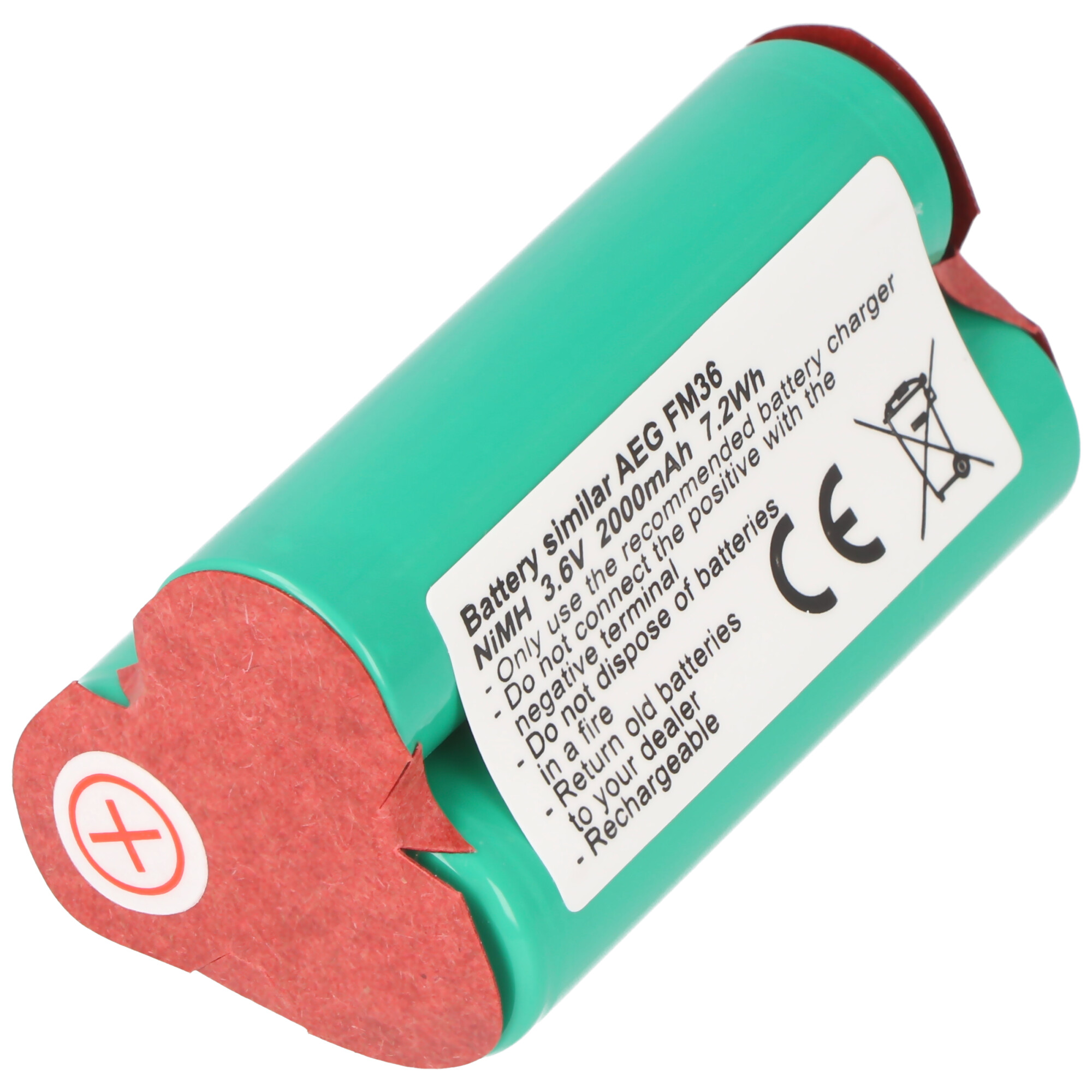 Grüne Batterie mit roten Details. Sie hat ein weißes Etikett mit Text. Die Batterie hat ein Plus- und Minuszeichen.