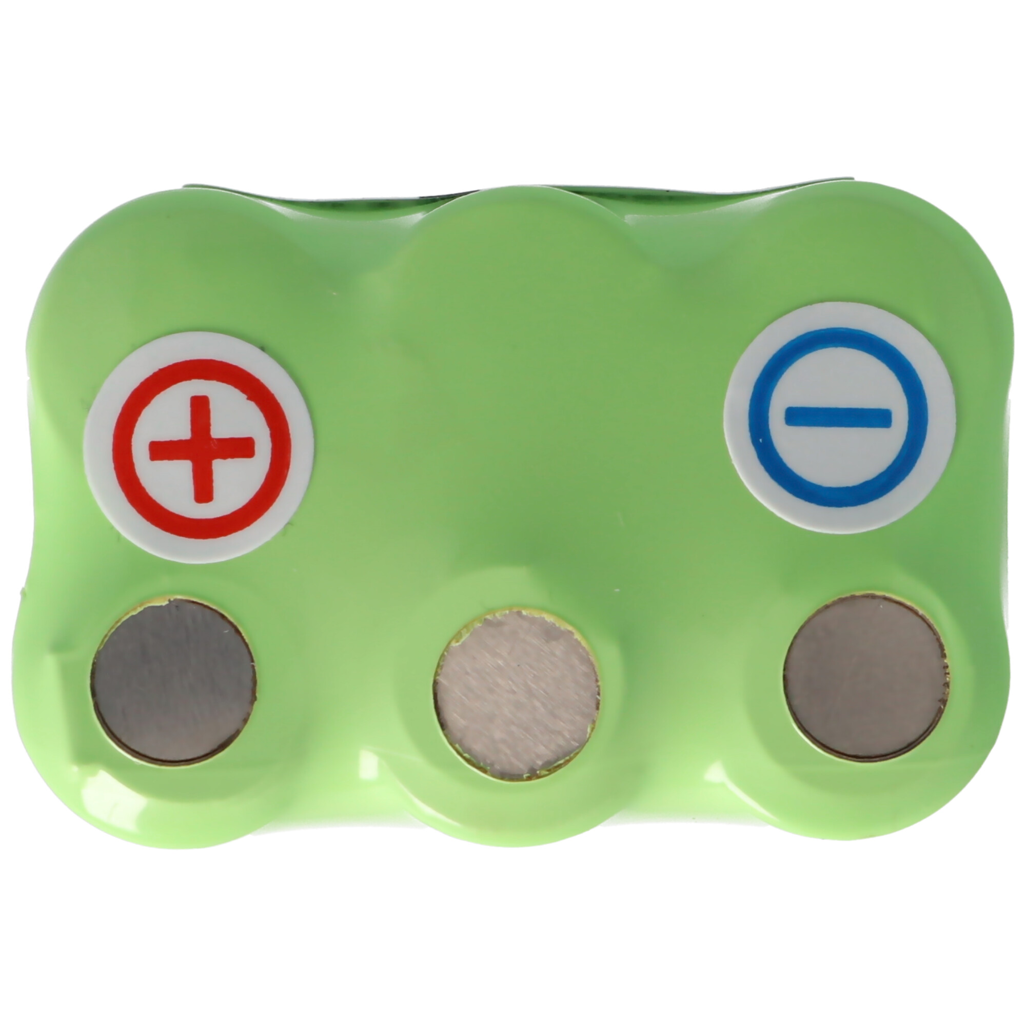 Grünes Batteriepack mit Plus- und Minus-Symbolen. Weißer Hintergrund.