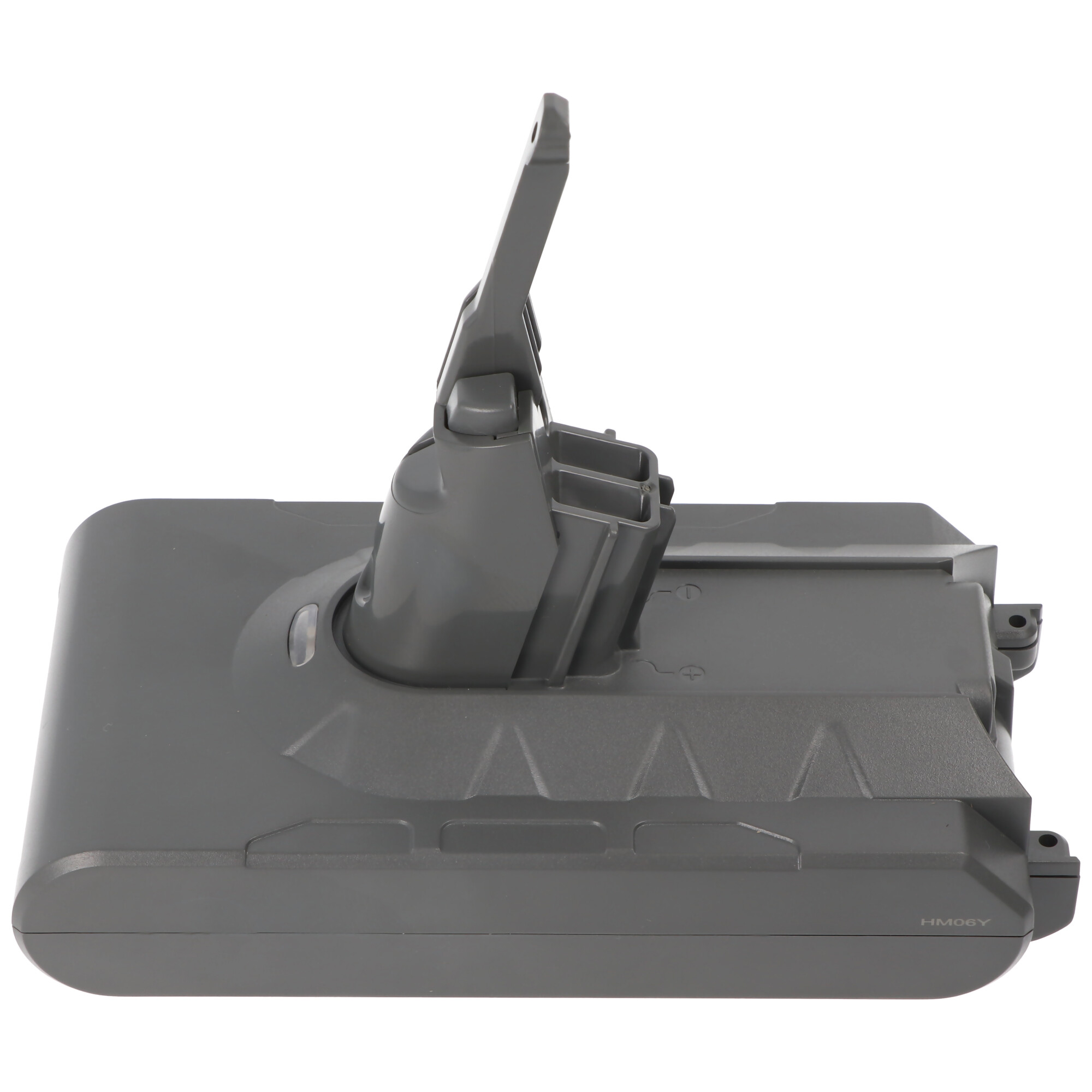 Ein graues Dyson-Staubsauger-Akkupack. Es hat einen Griff und einen Ladeanschluss.