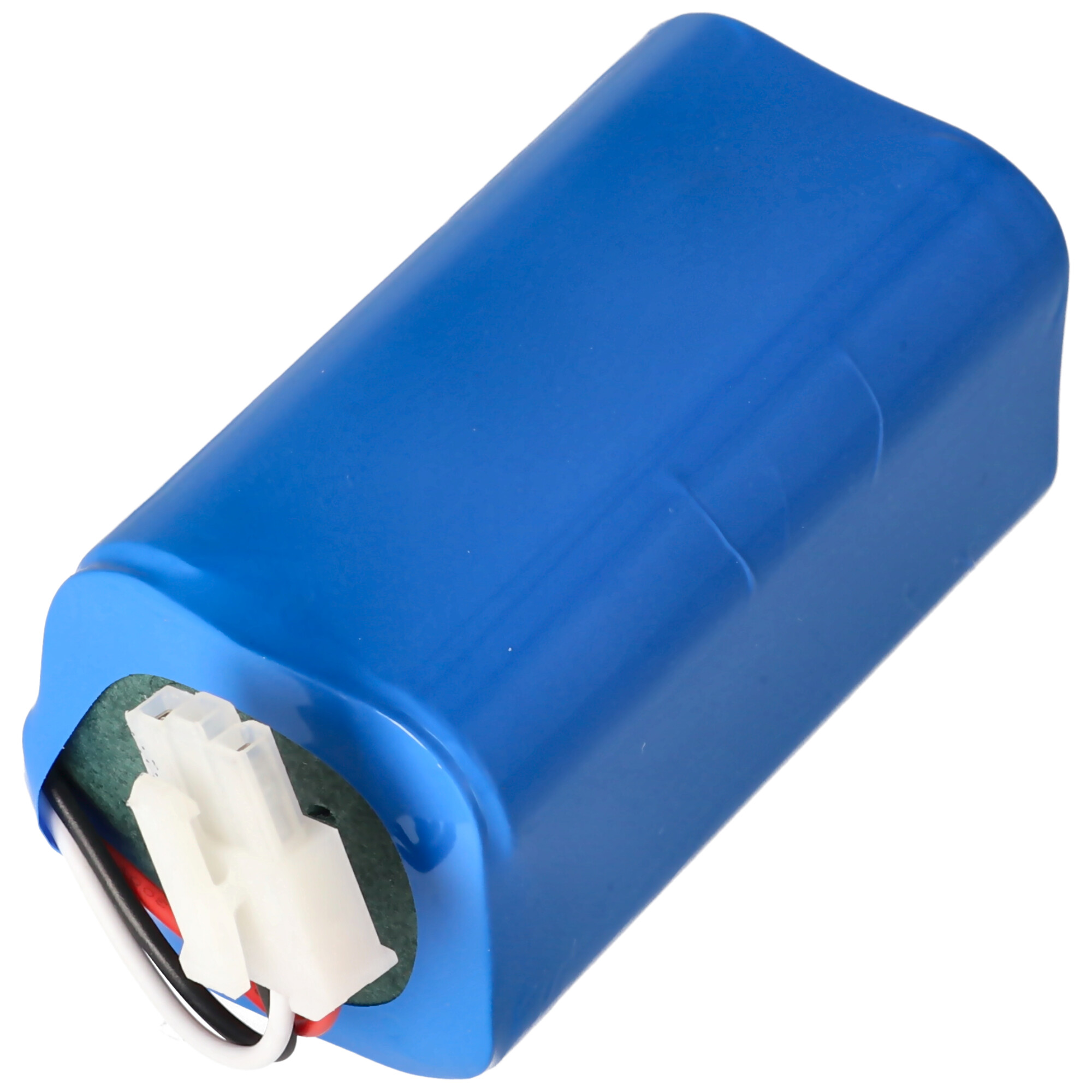 Ein blauer rechteckiger Akku mit weißem Stecker und farbigen Drähten.