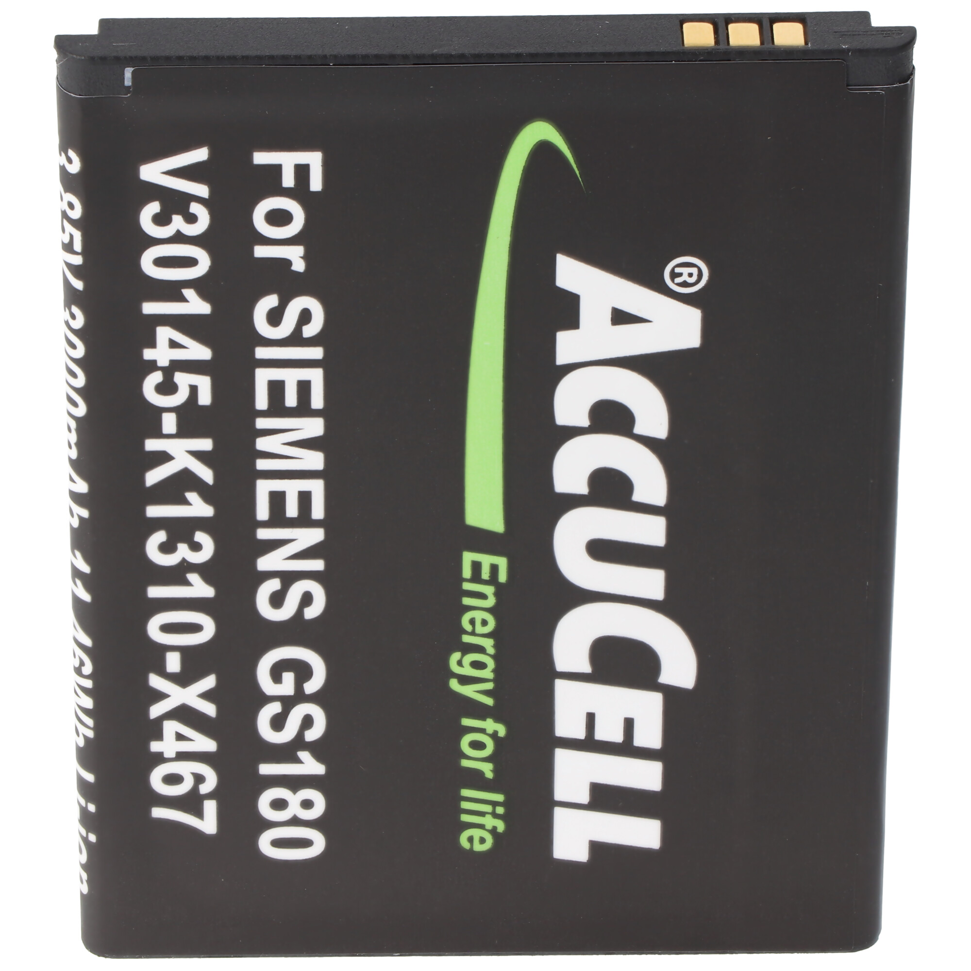 Eine schwarze Batterie mit weißem Text und einem grünen Akzent. Der Text lautet "Accucell" und "Energy for life".