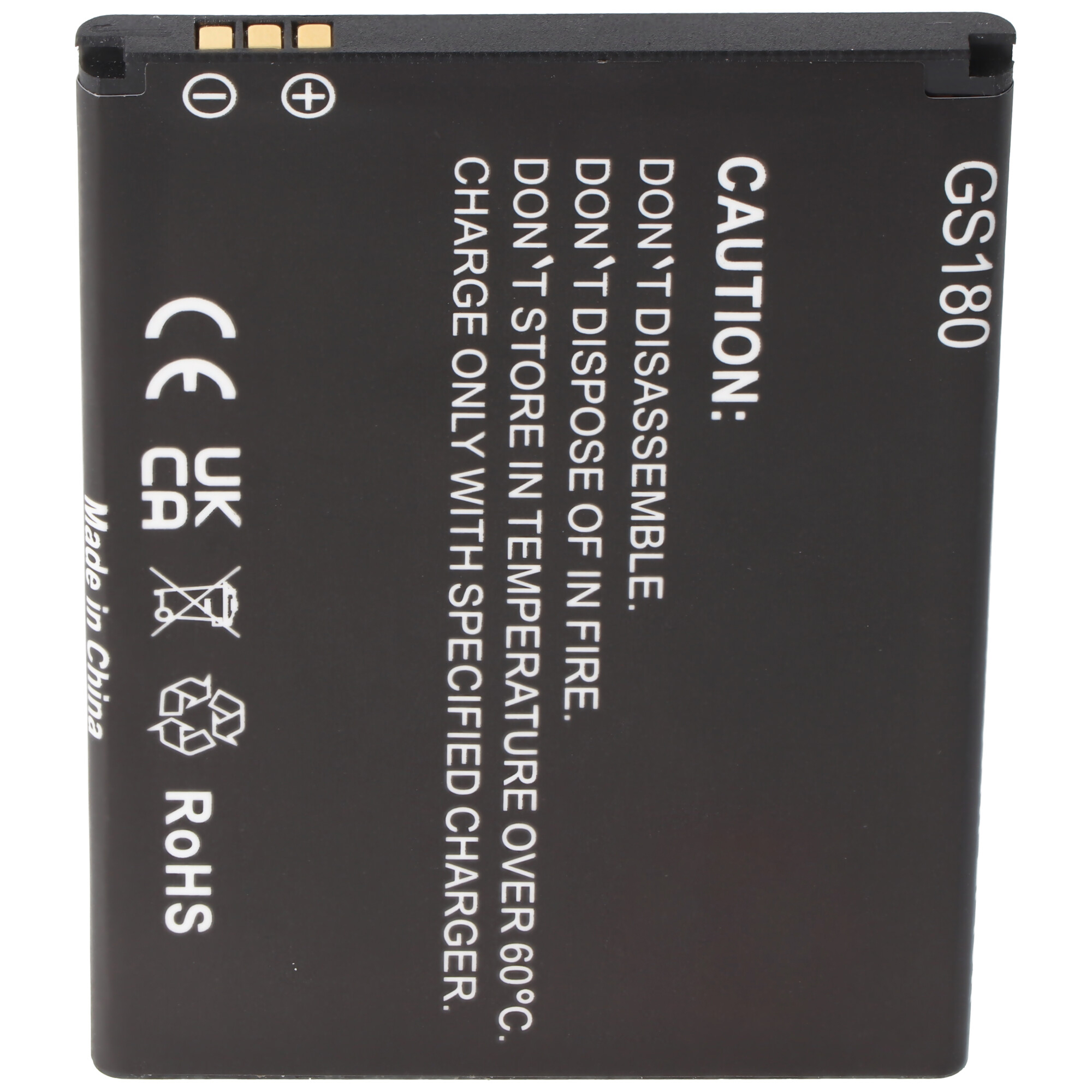 Eine schwarze Batterie mit weißem Text, Warnungen und Symbolen auf weißem Hintergrund.