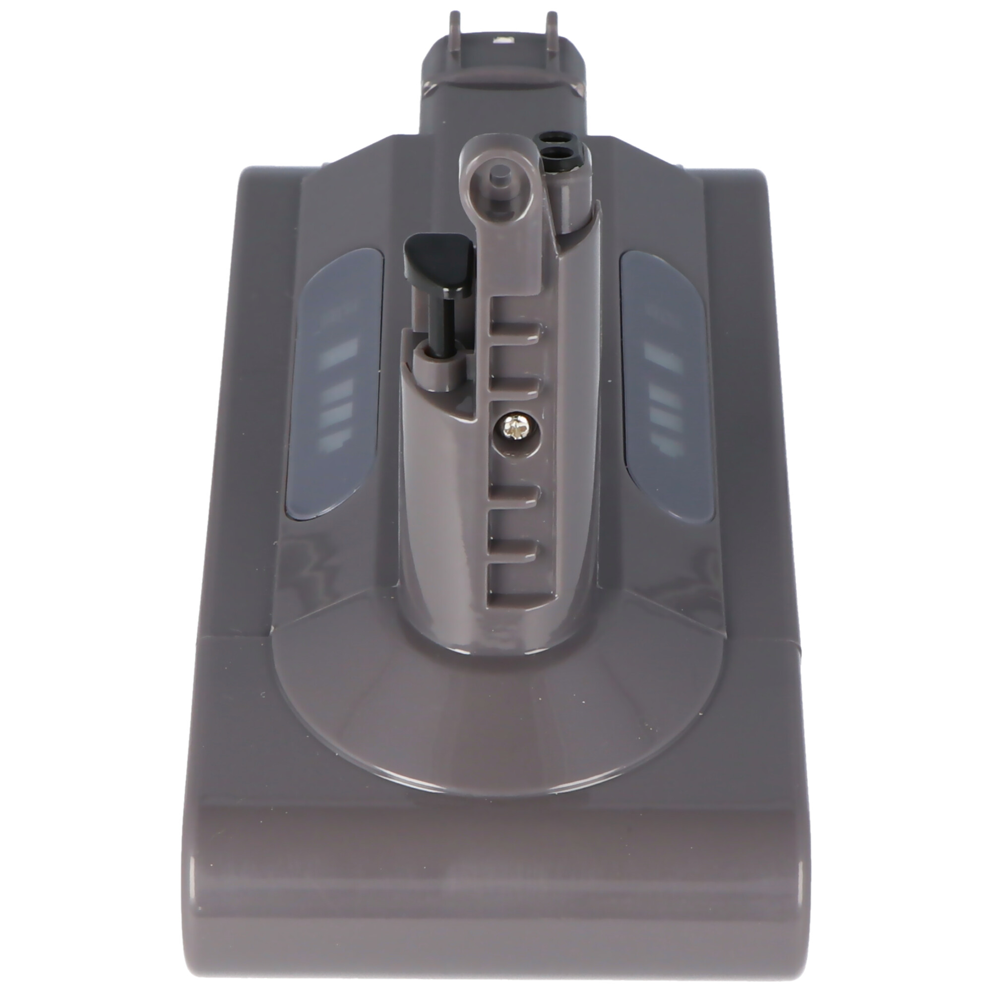 Graue Dyson-Staubsaugerbatterie. Die Batterie ist flach. Weißer Hintergrund.