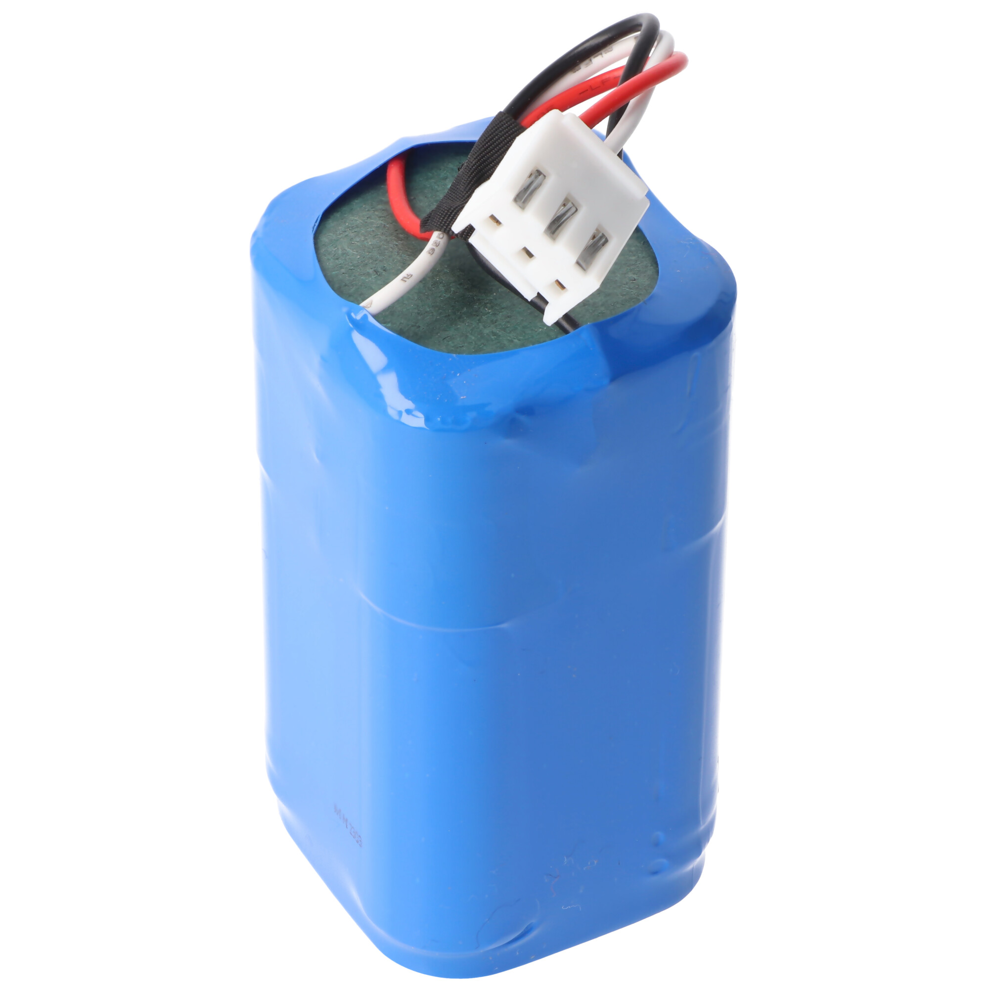 Ein blaues Batteriepack mit drei Drähten und einem weißen Stecker.