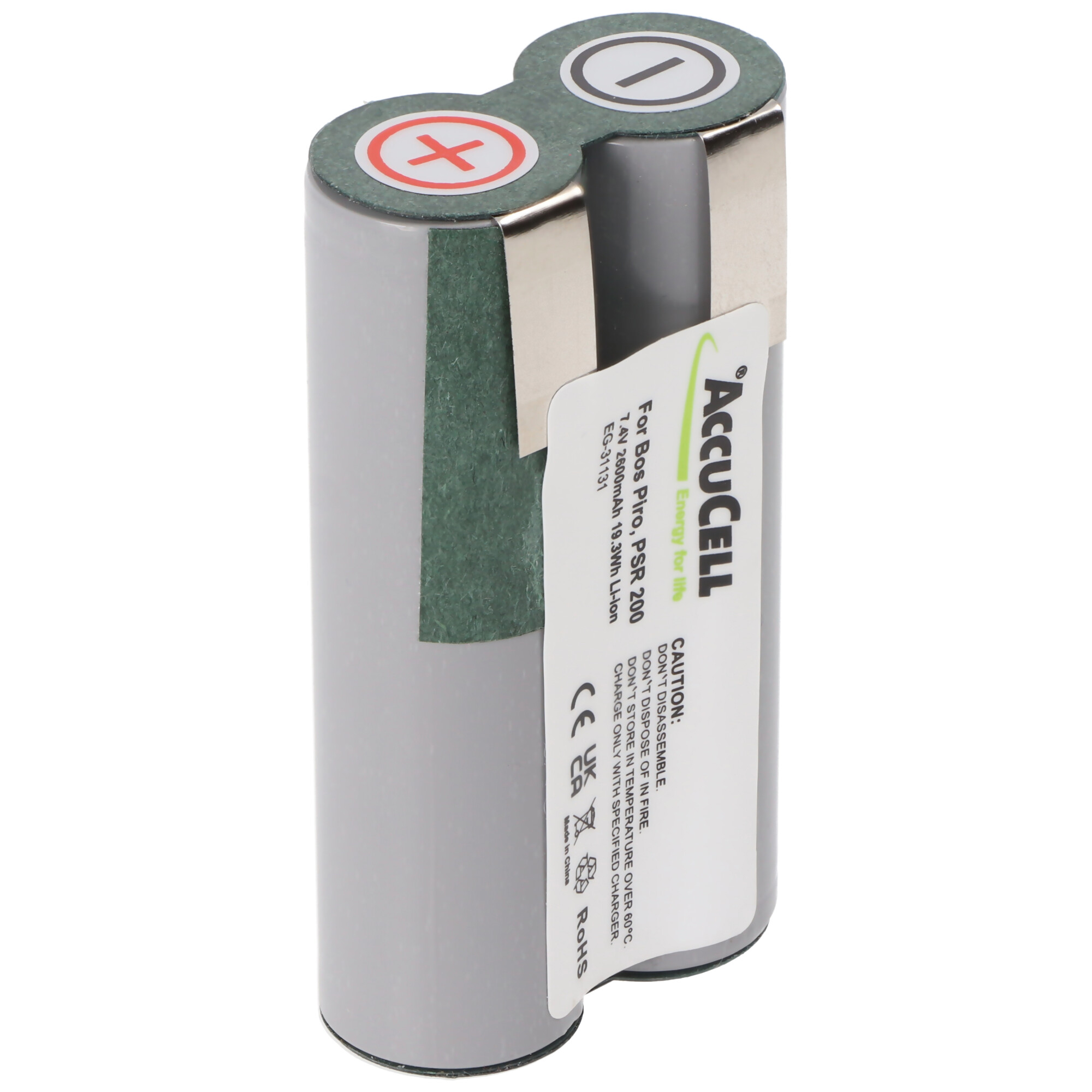 Ein Akkupack mit einem grünen Etikett. Die Batterie hat ein rotes Plus- und ein weißes Minuszeichen.