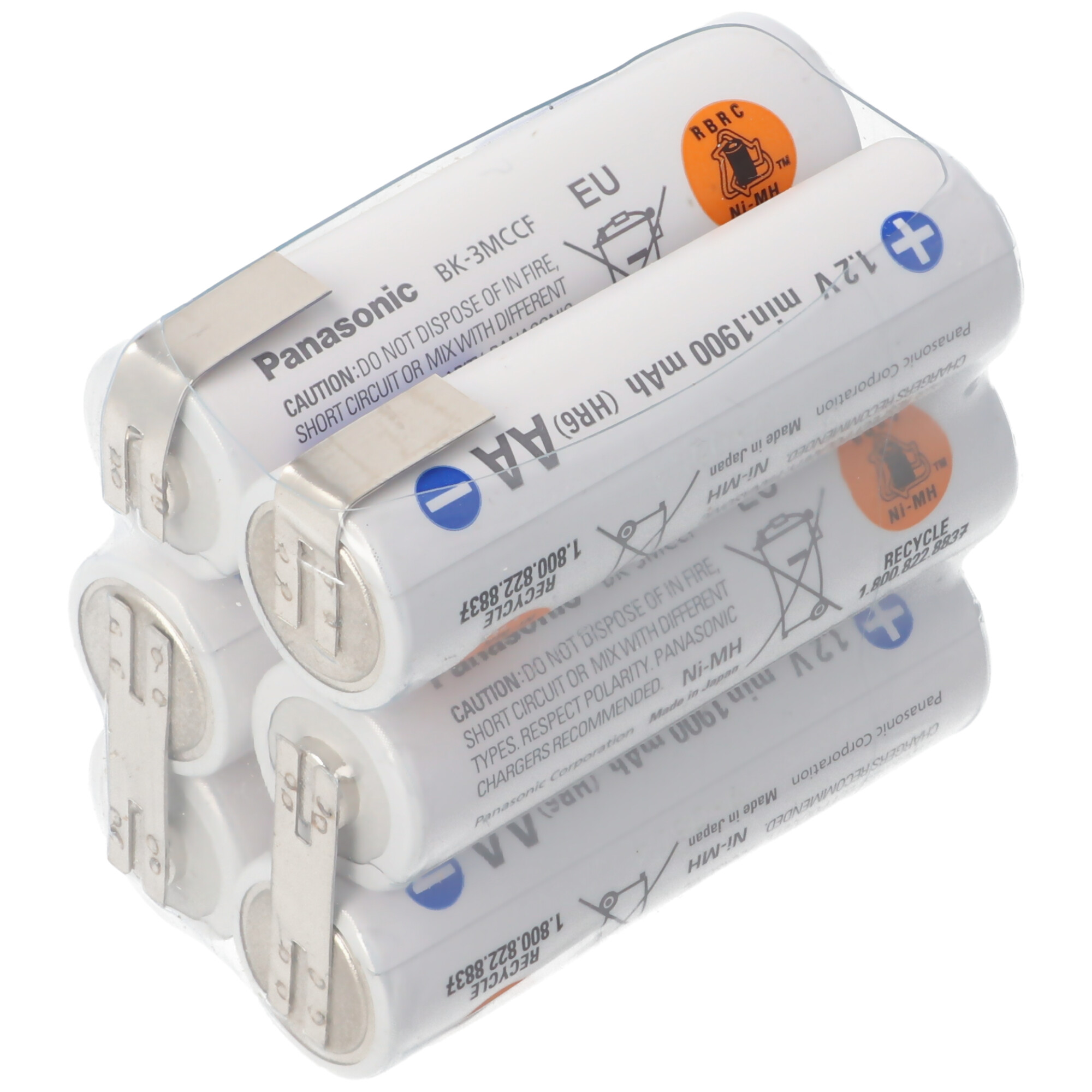 Sechs AA-Batterien in Klarsichtfolie. Marke Panasonic, schwarz und weiß.