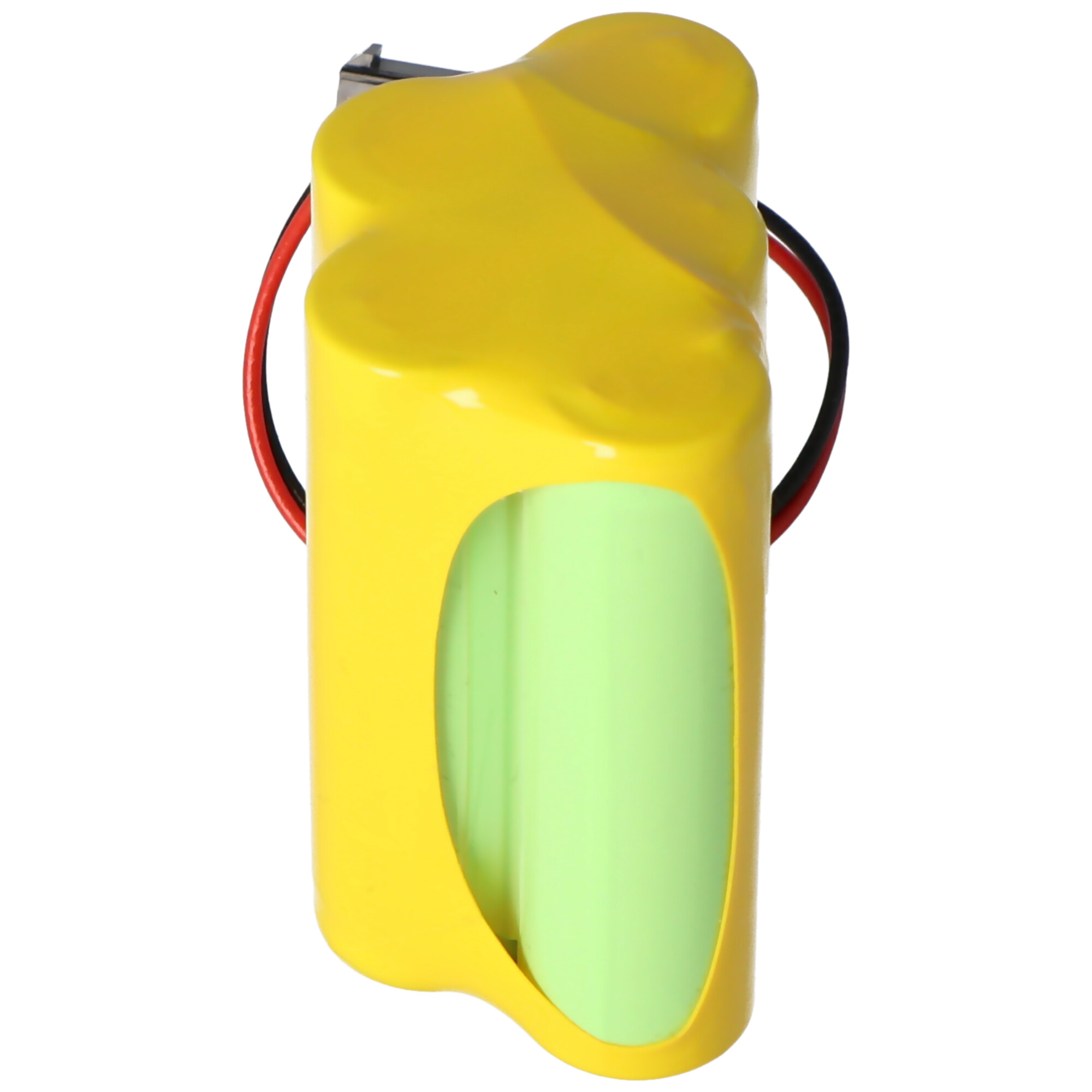 Gelbes Batteriepack mit schwarzen und roten Drähten und grüner Zelle.