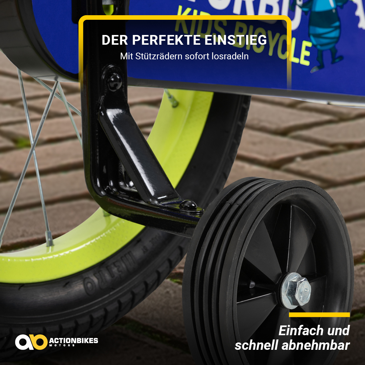 Ein Fahrradrad mit Stützrädern. Der Text lautet 'Kids Bicycle'.