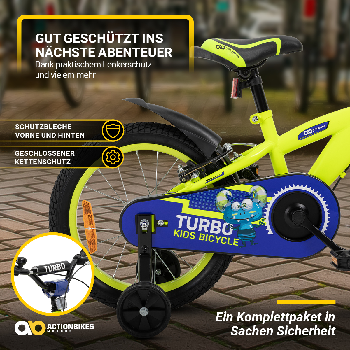 Ein gelbes und blaues Kinderfahrrad mit Stützrädern, Text-Overlay.