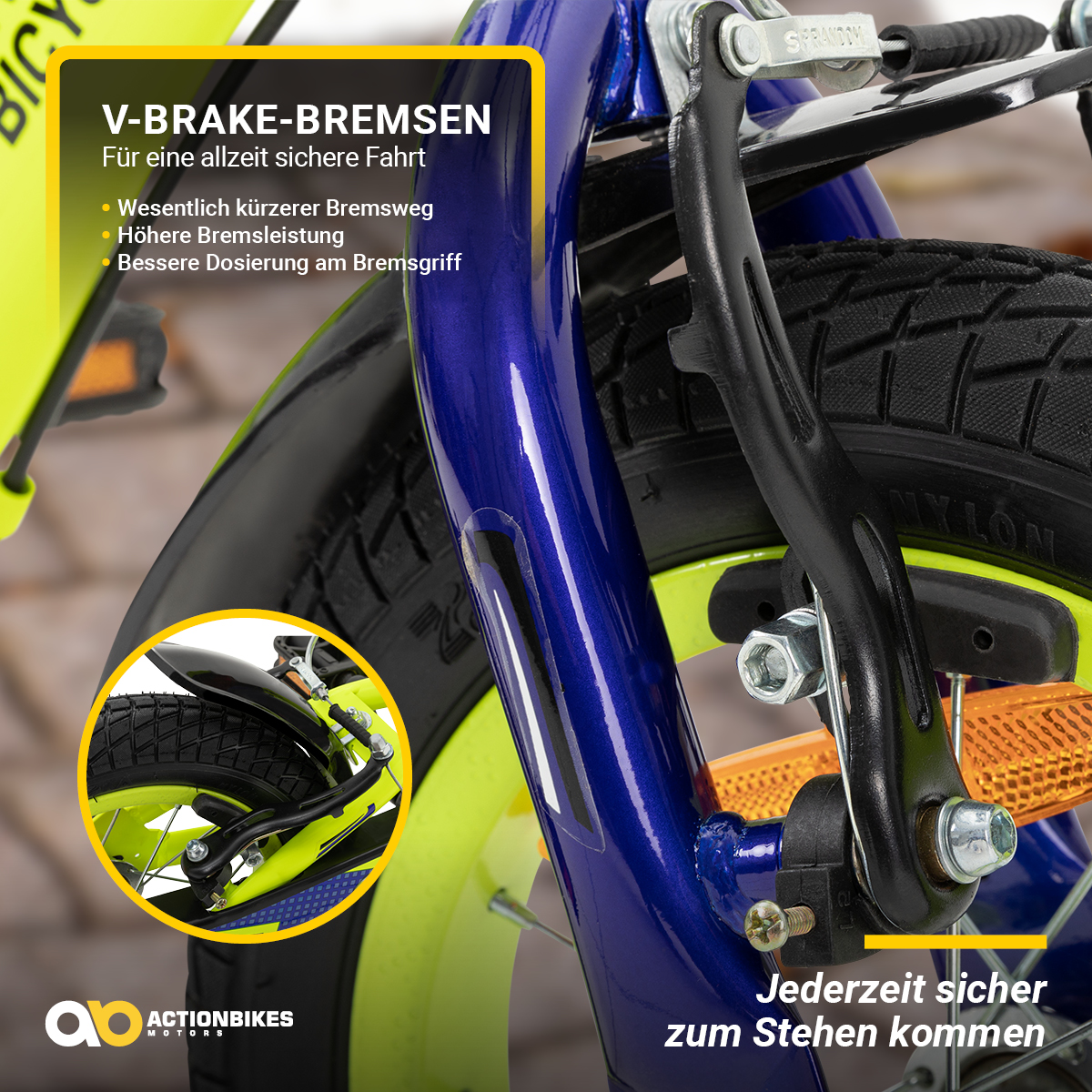 Nahaufnahme des V-Bremssystems eines Fahrrads mit deutschem Text über sicheres Bremsen.