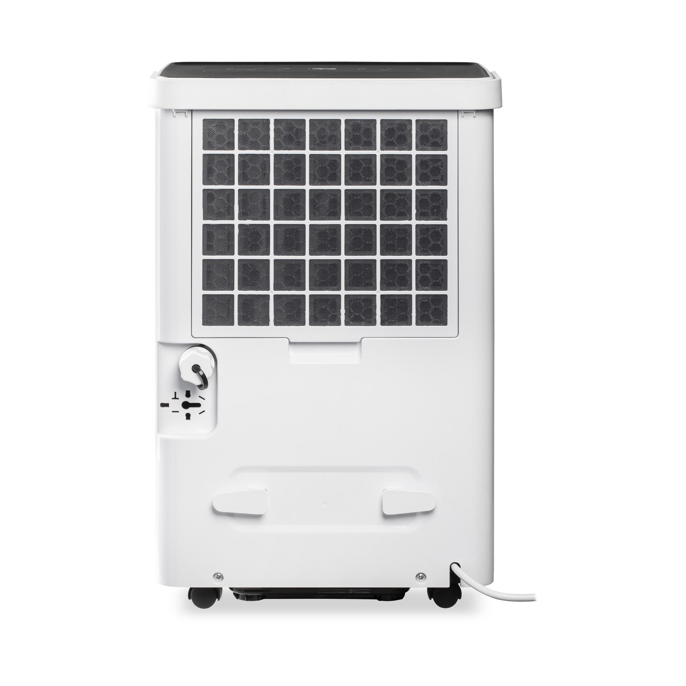 White dehumidifier, rear view. Includes a vent with a filter, control panel, and power cord.