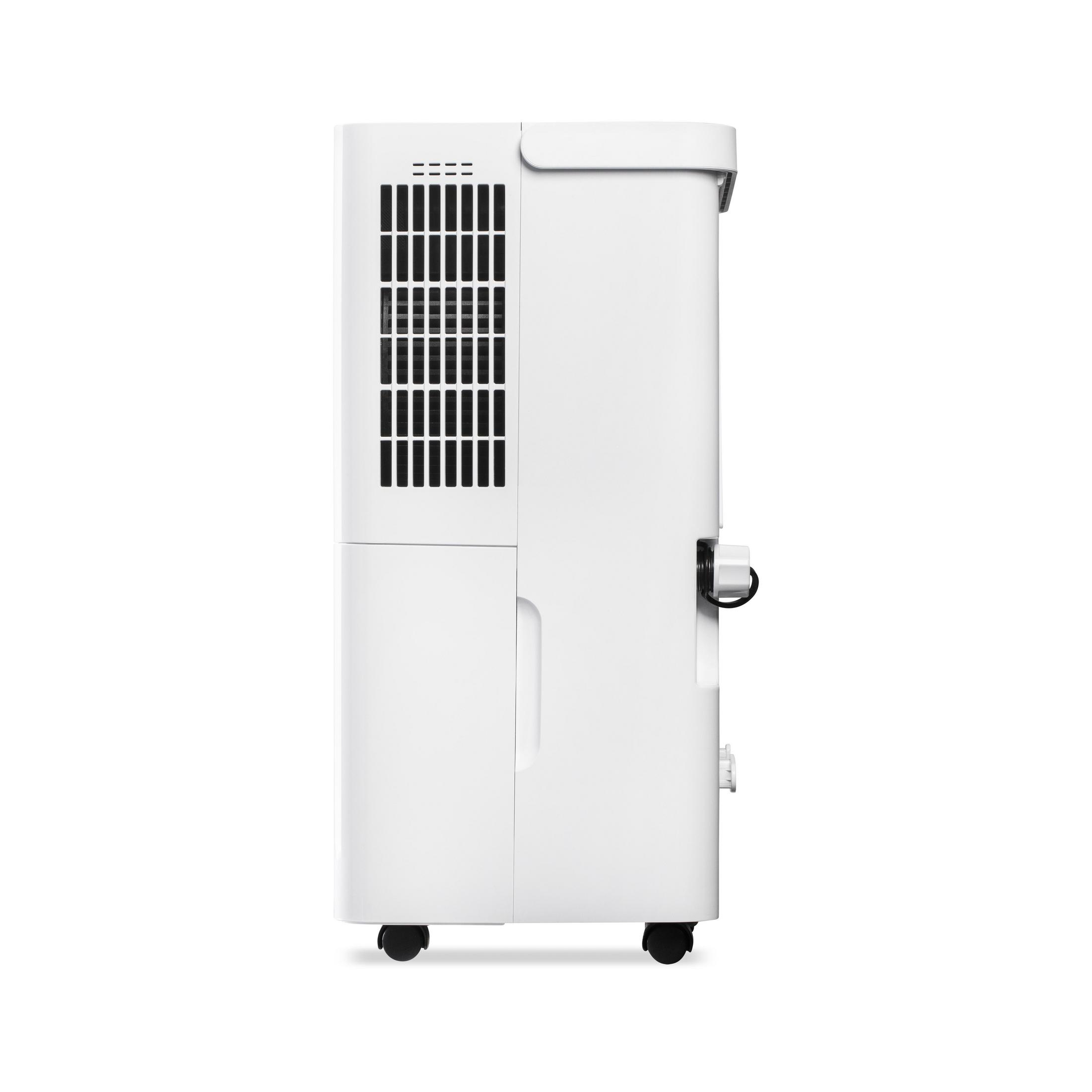 A white dehumidifier with a black vent and control panel, standing on wheels. The side is visible.