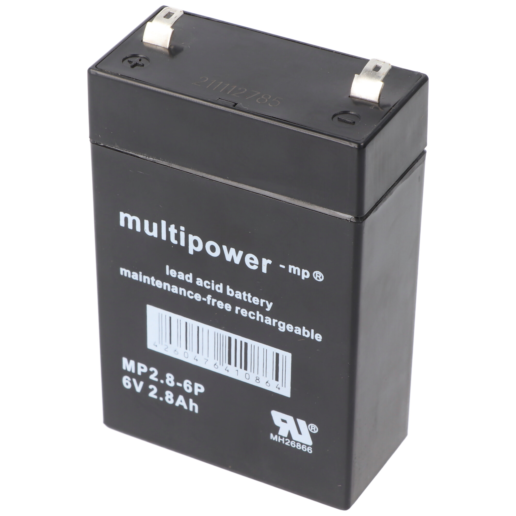 Schwarzer rechteckiger Akku mit weißem Etikett und Text. Liest sich multipower - mp® lead acid battery.