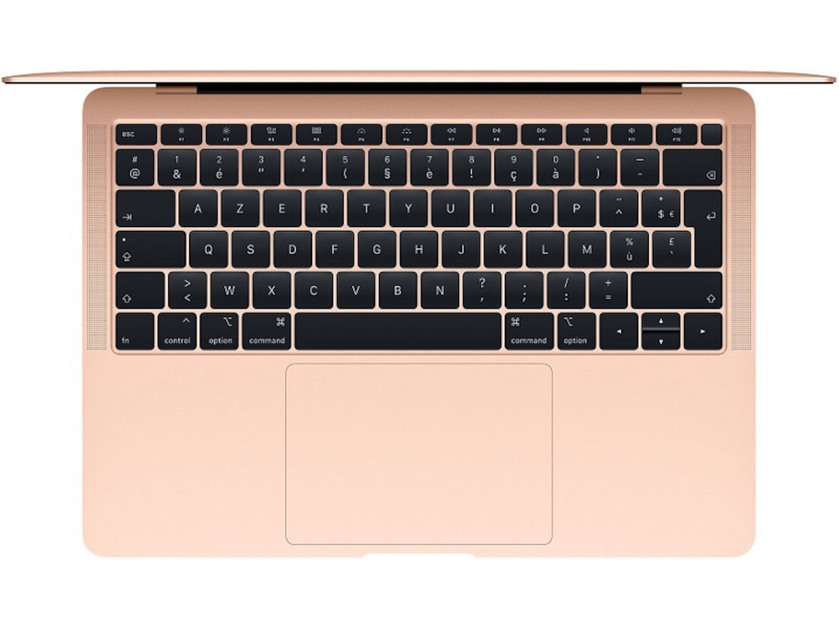 Vista superior de una computadora portátil dorada con teclas negras y un trackpad grande.