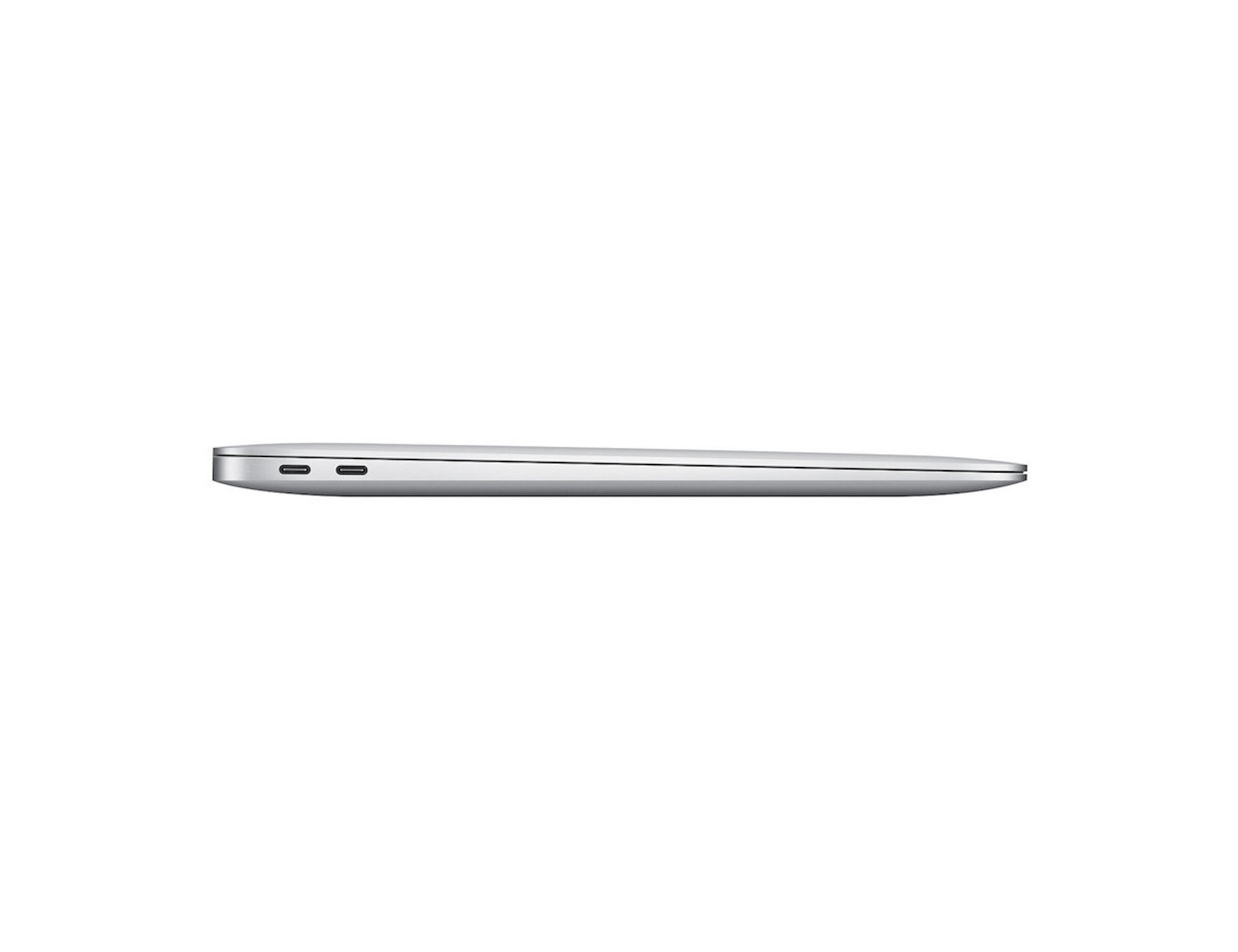 Seitenansicht eines silbernen Laptops auf weißem Hintergrund. Es ist geschlossen.