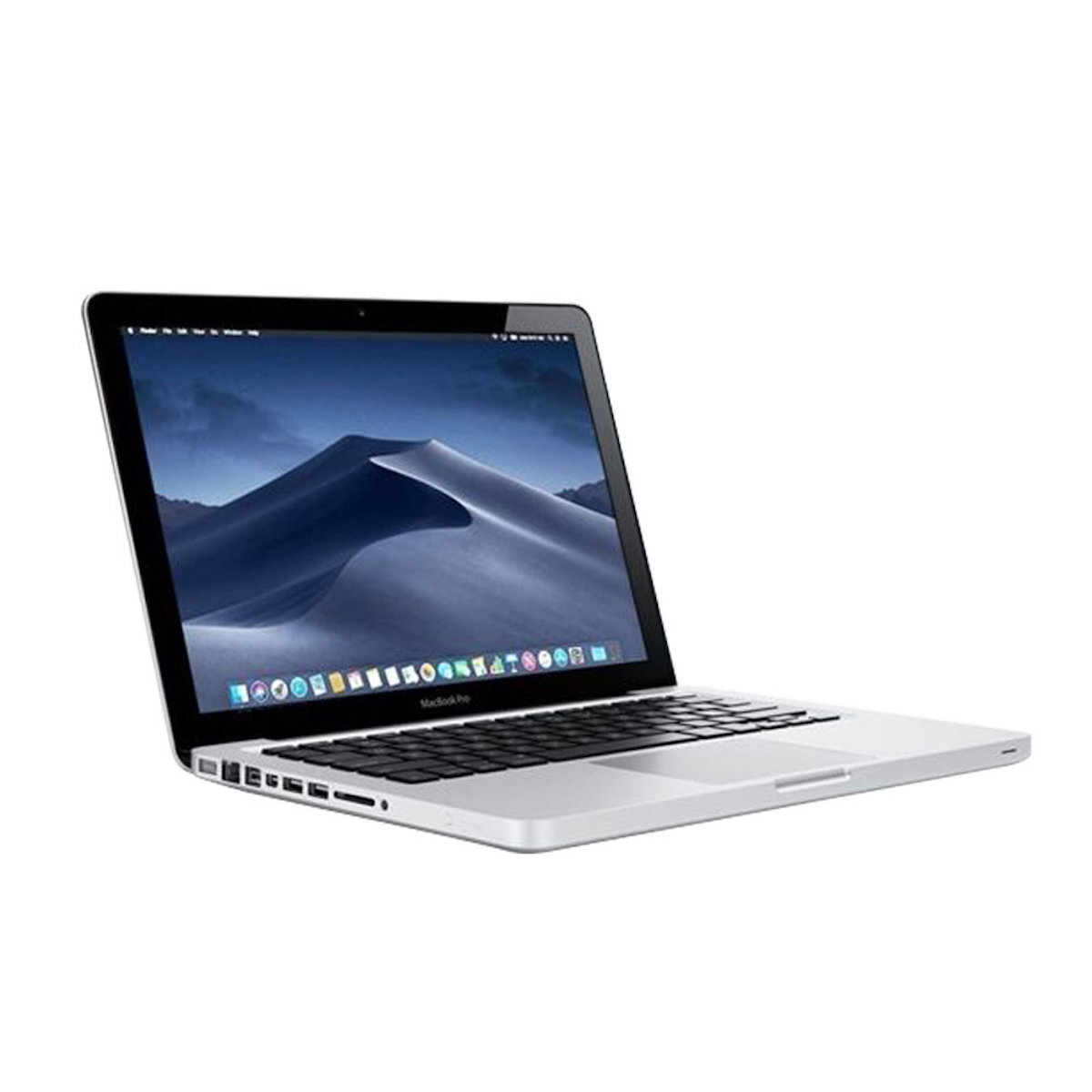 Portátil MacBook Pro plateado, cerrado, sobre fondo blanco, inclinado a la derecha.