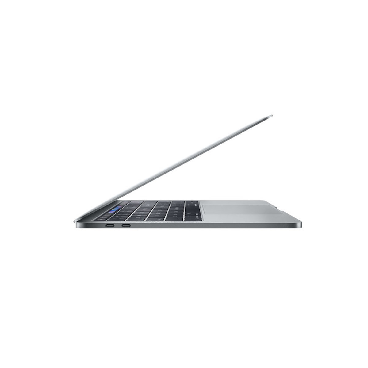 Un portátil plateado en vista de perfil. La pantalla está abierta. El teclado es visible.