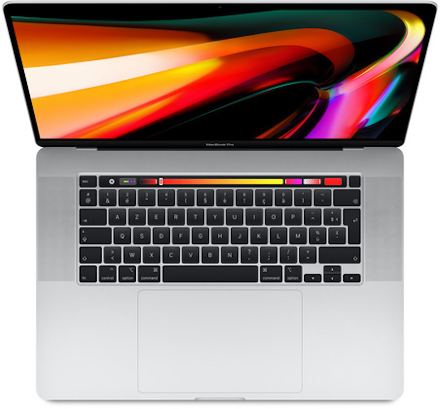 Vista superior de un MacBook Pro plateado. El teclado es visible, con una pantalla colorida.