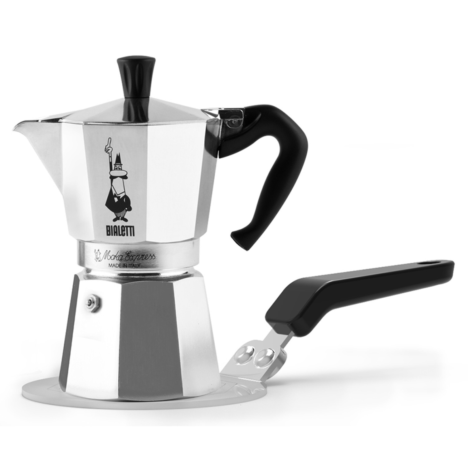 Una cafetera Bialetti Moka Express con un mango negro separado, sobre un fondo blanco.