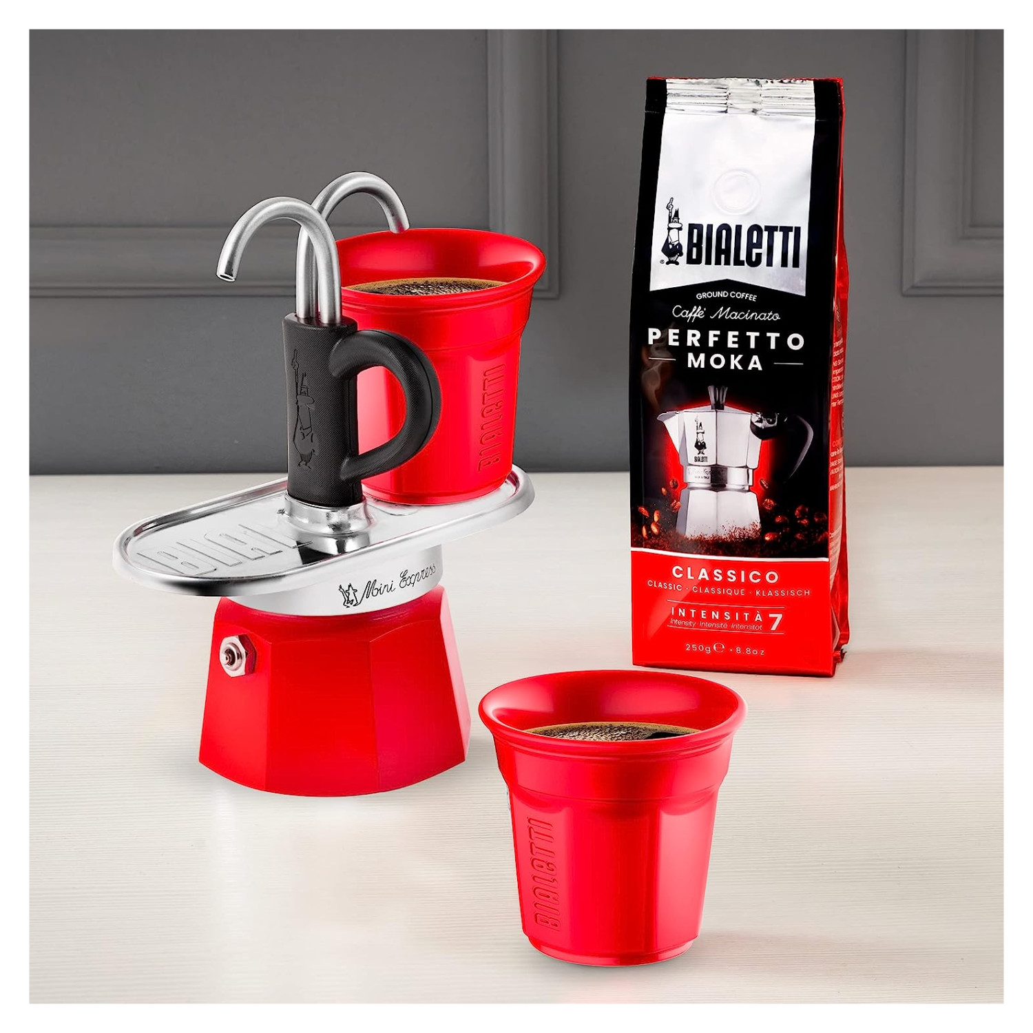 BIALETTI Set 2TZ RED Espressokocher Tassen Rot 2 für R Mini