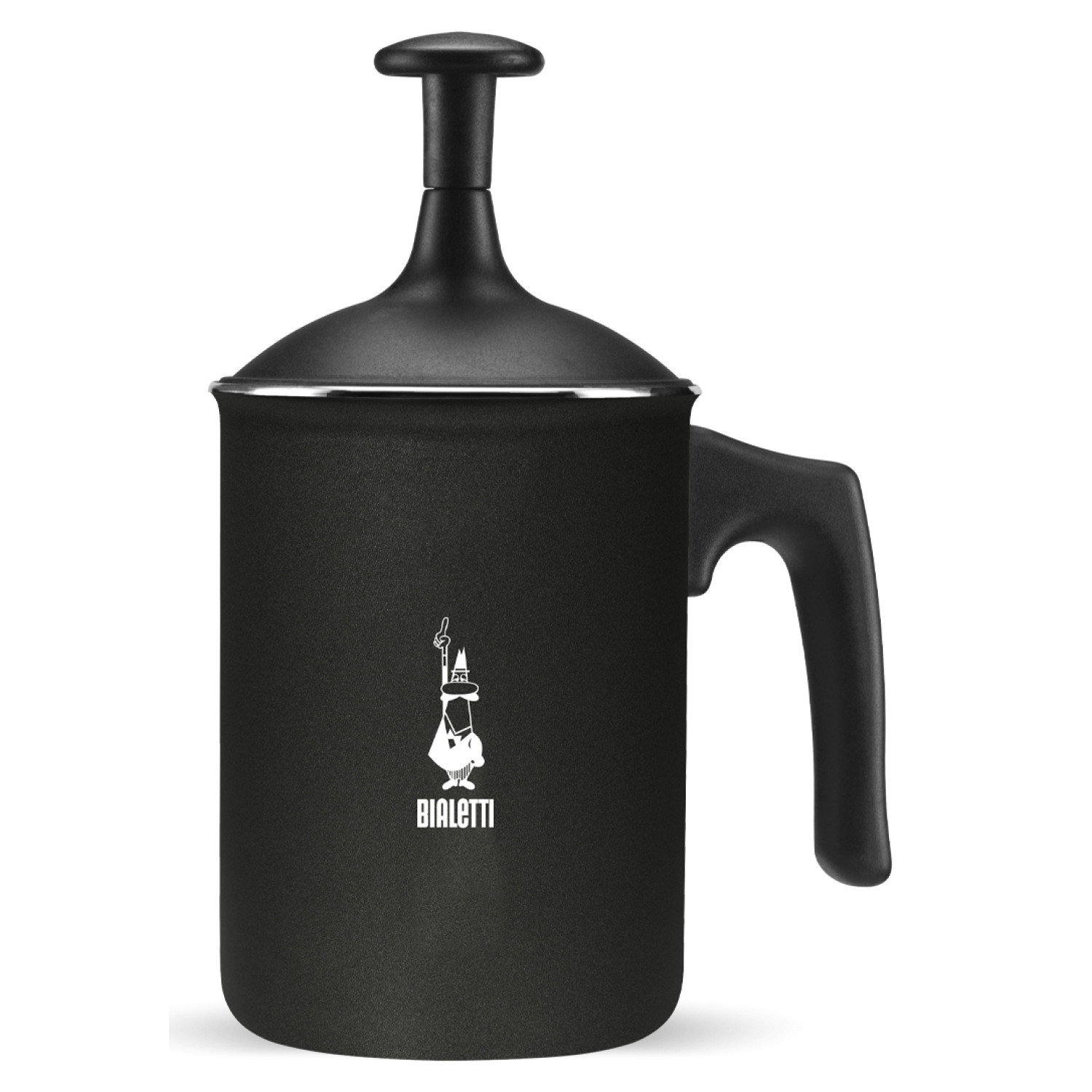 Czarny dzbanek do spieniania z uchwytem i pokrywką. Logo Bialetti z przodu.