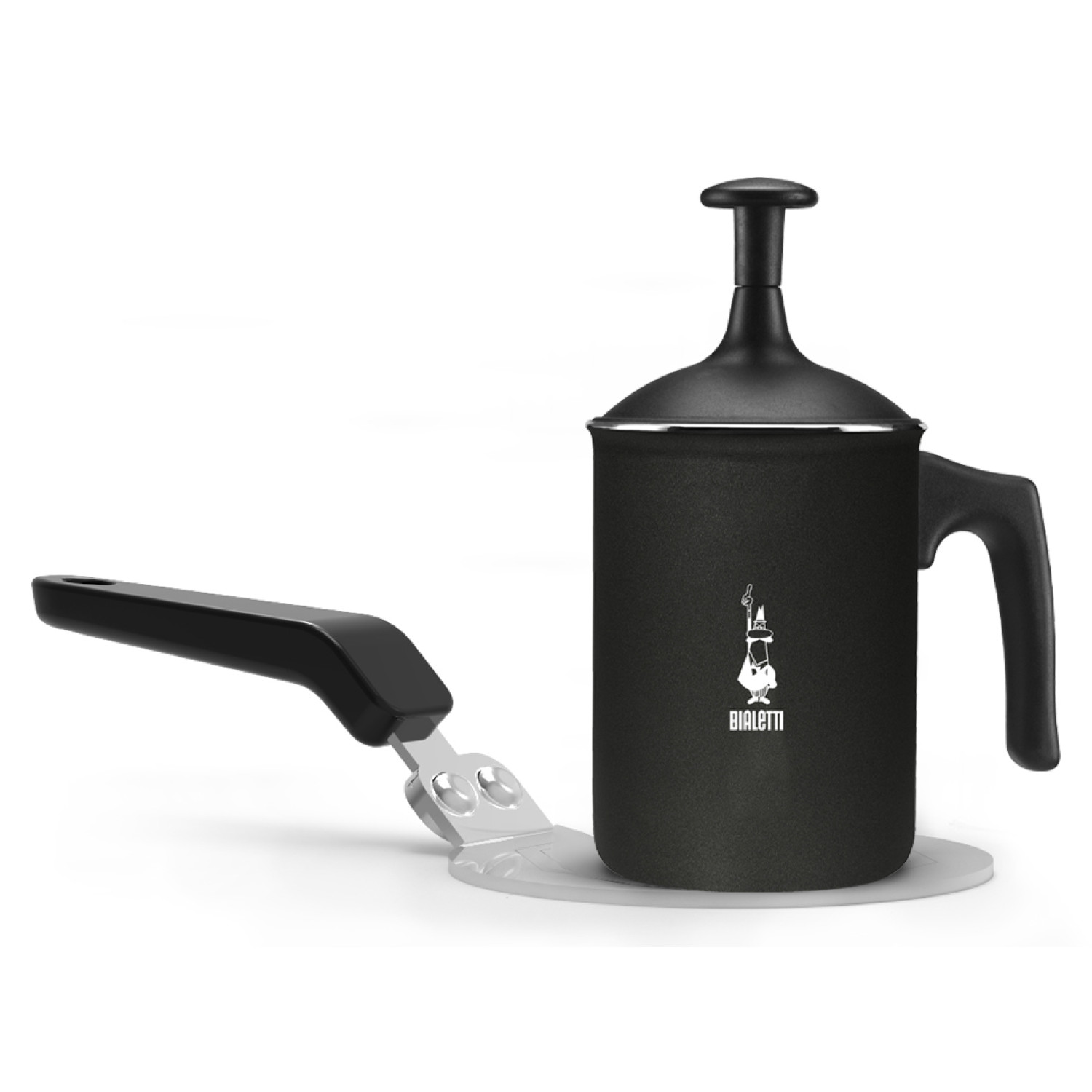 Espumador de leche Bialetti negro y un mango. Aislado sobre fondo blanco.