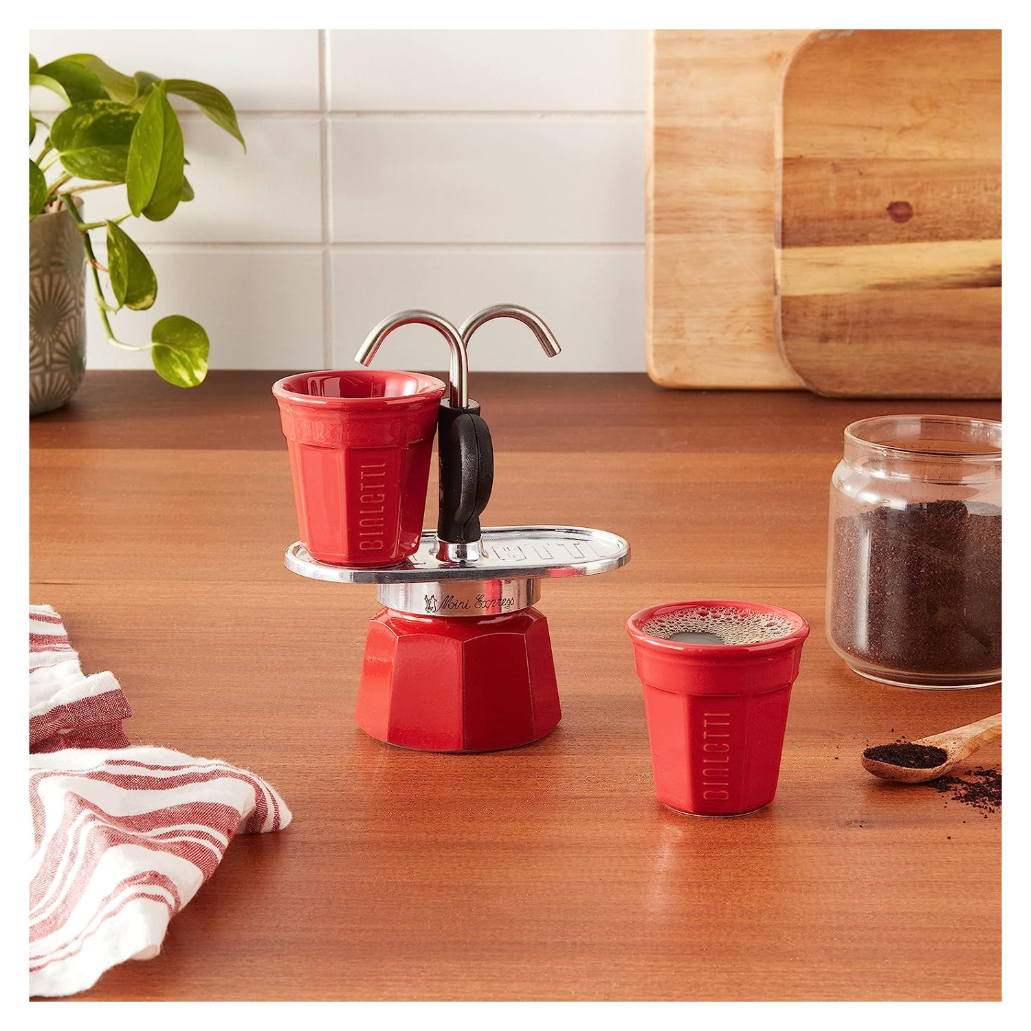 BIALETTI Set Mini R Tassen Espressokocher 2TZ RED für 2 Rot