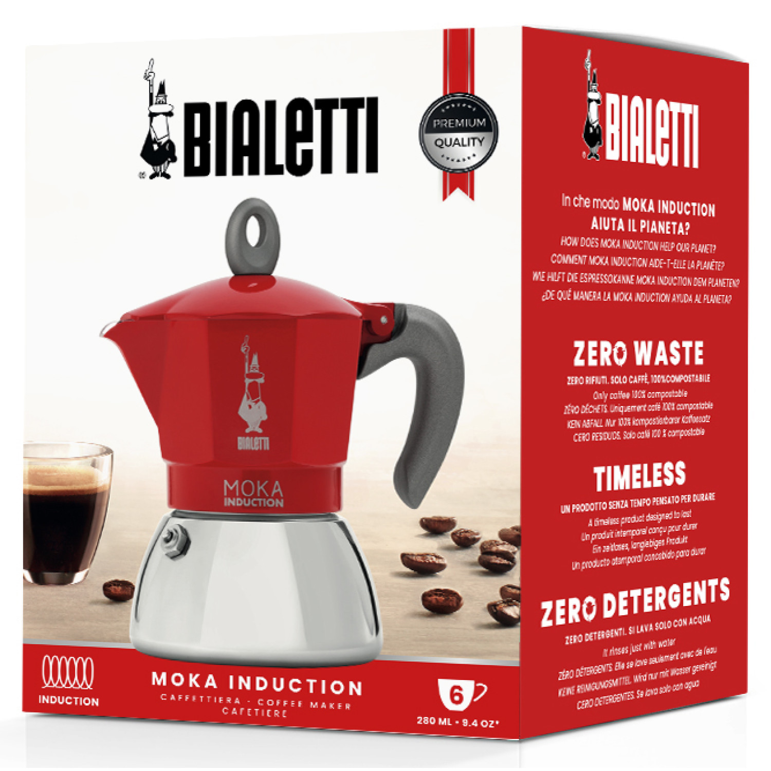 Induction 6 BIALETTI Espressokocher RED für Moka New Tassen Rot/Silber