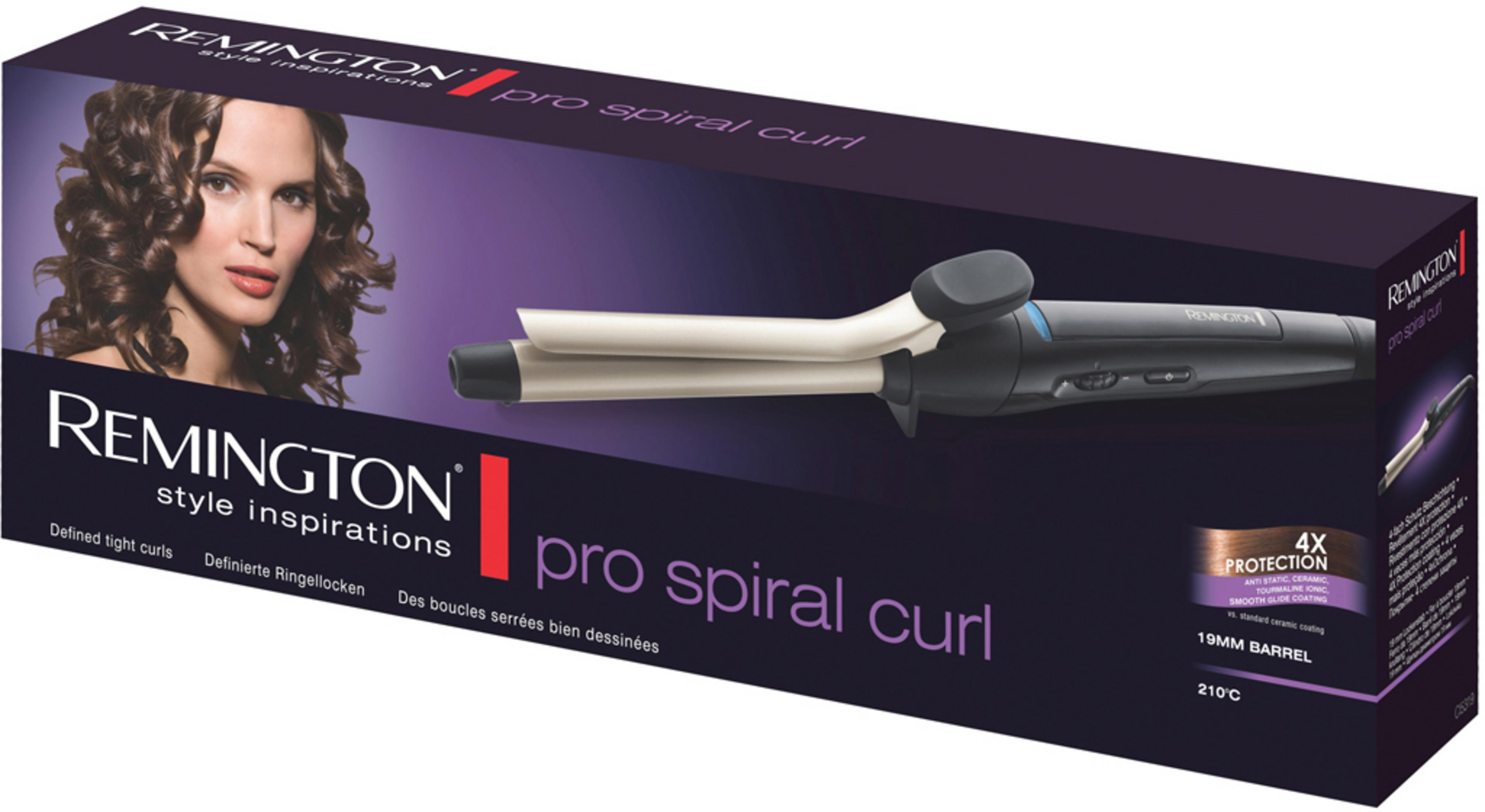 Pudełko lokówki Remington ze zdjęciem kobiety z kręconymi włosami. Produkt widoczny.