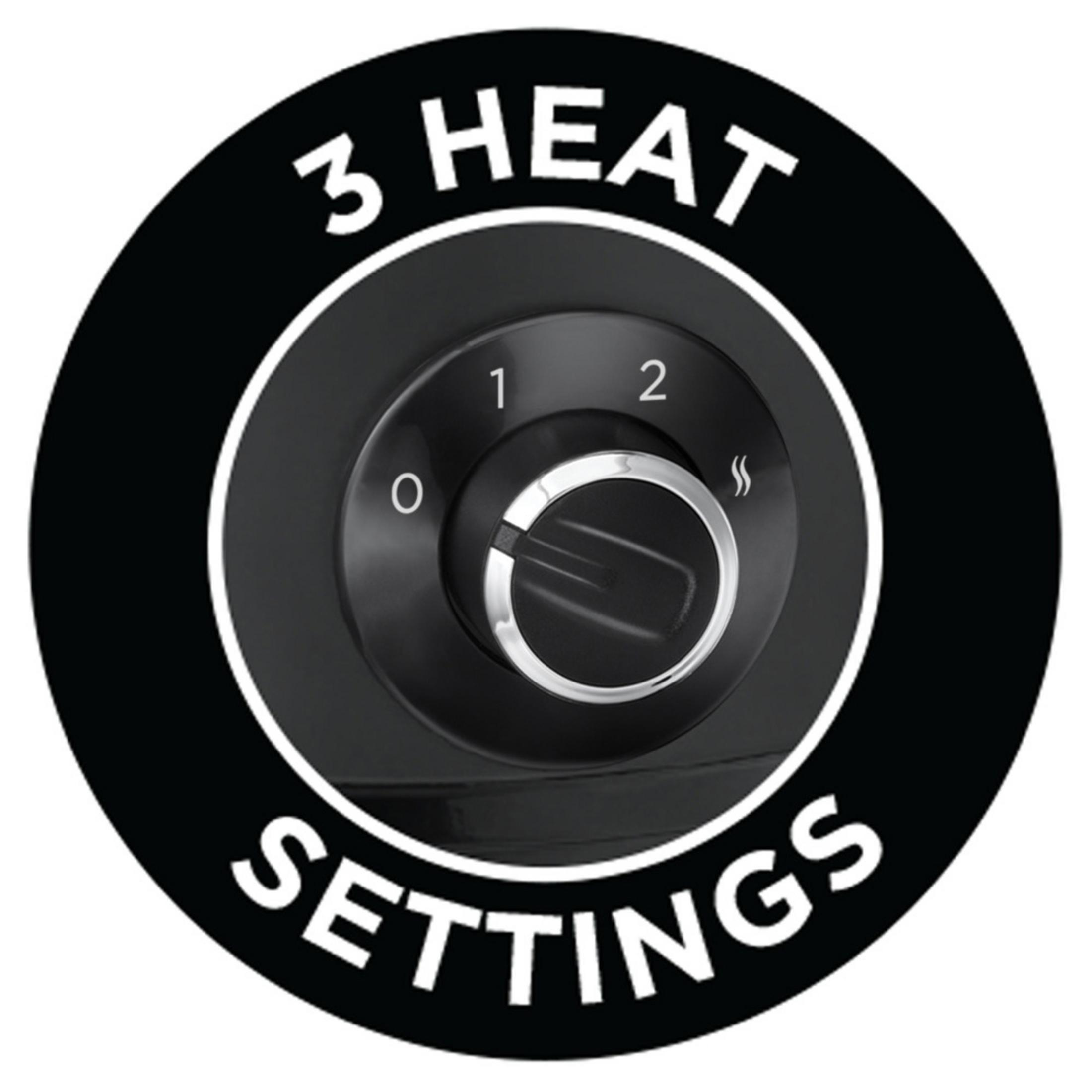 Un dial negro con texto blanco que indica '3 HEAT SETTINGS', con los números 0, 1, 2 y una línea ondulada.