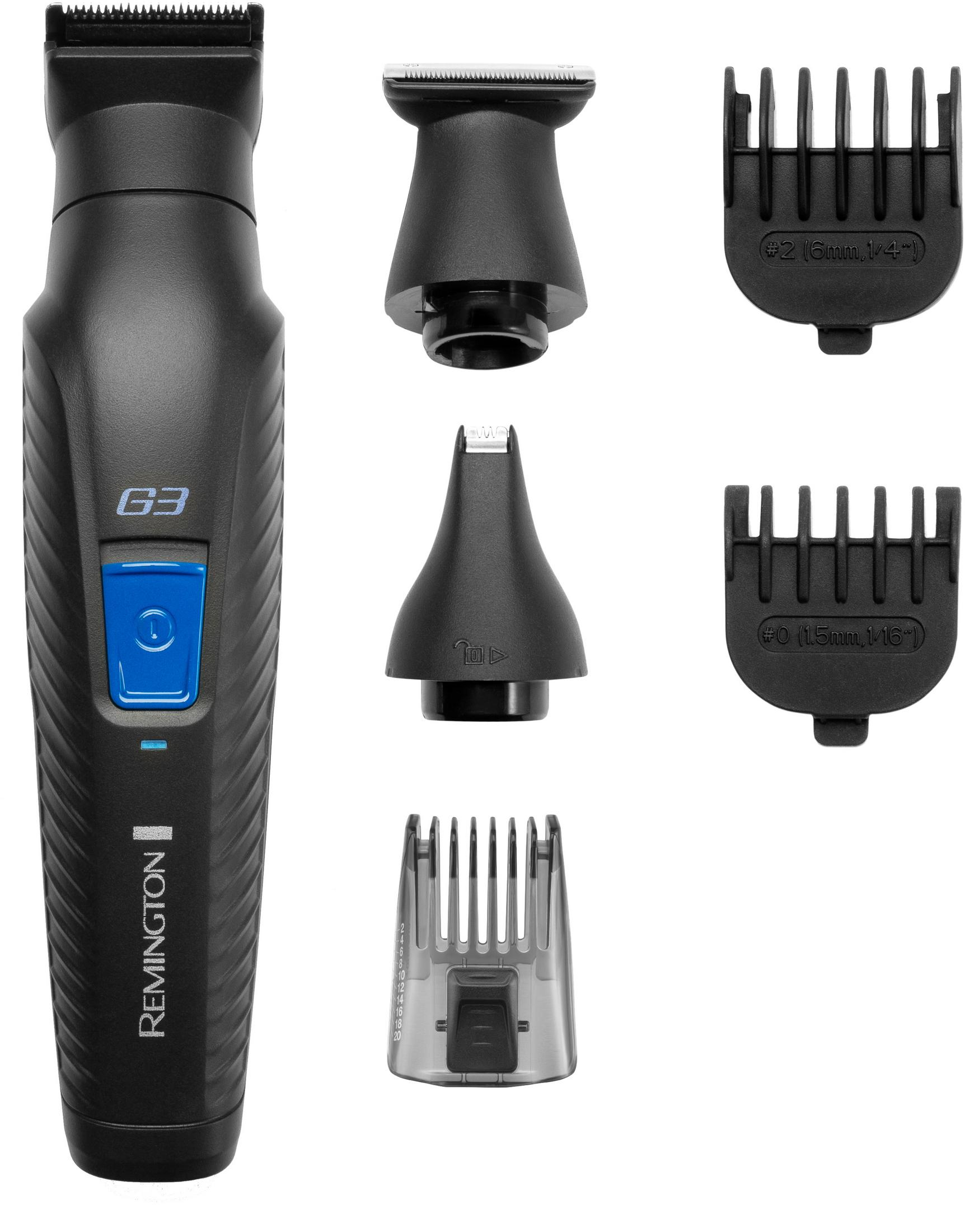Una recortadora de barba Remington G3 negra con accesorios, incluyendo peines y cabezales de recorte de detalle.