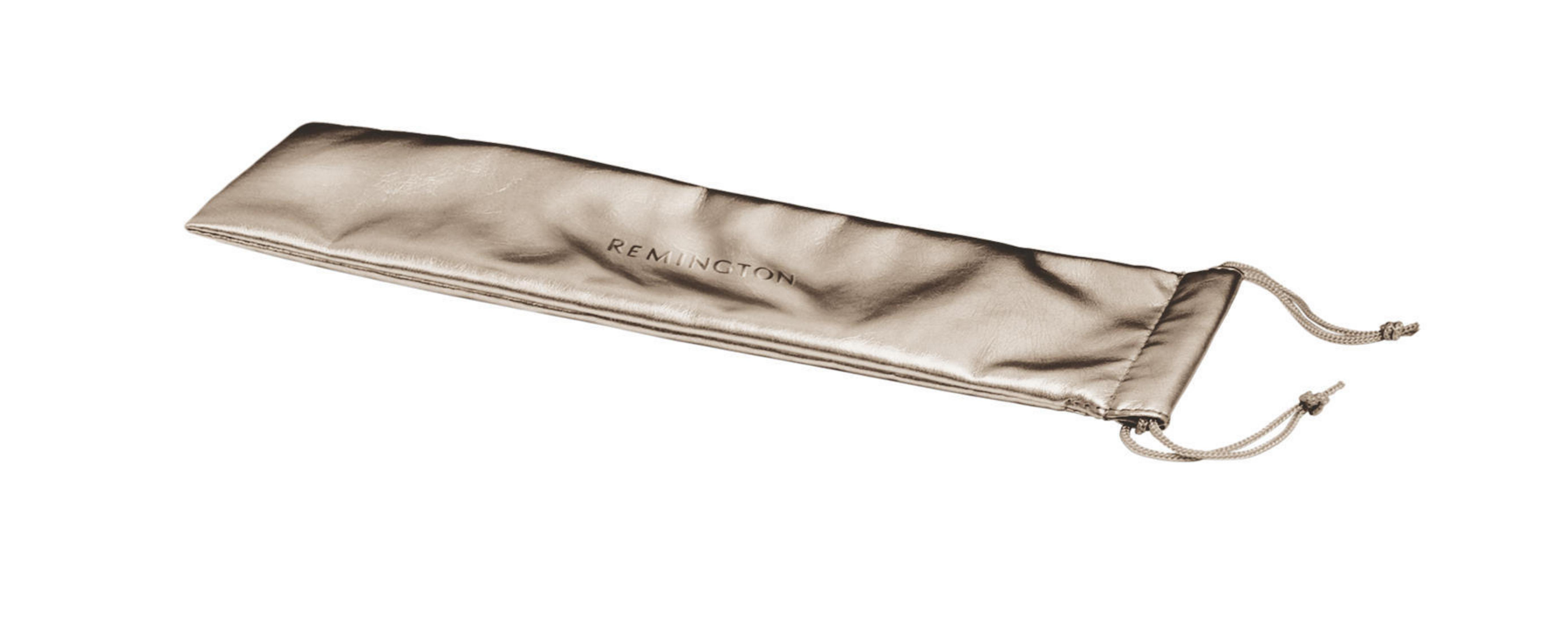 Ein metallisch-silbernes Remington-Etui, mit Kordelzug verschlossen, liegt auf einer weißen Oberfläche.