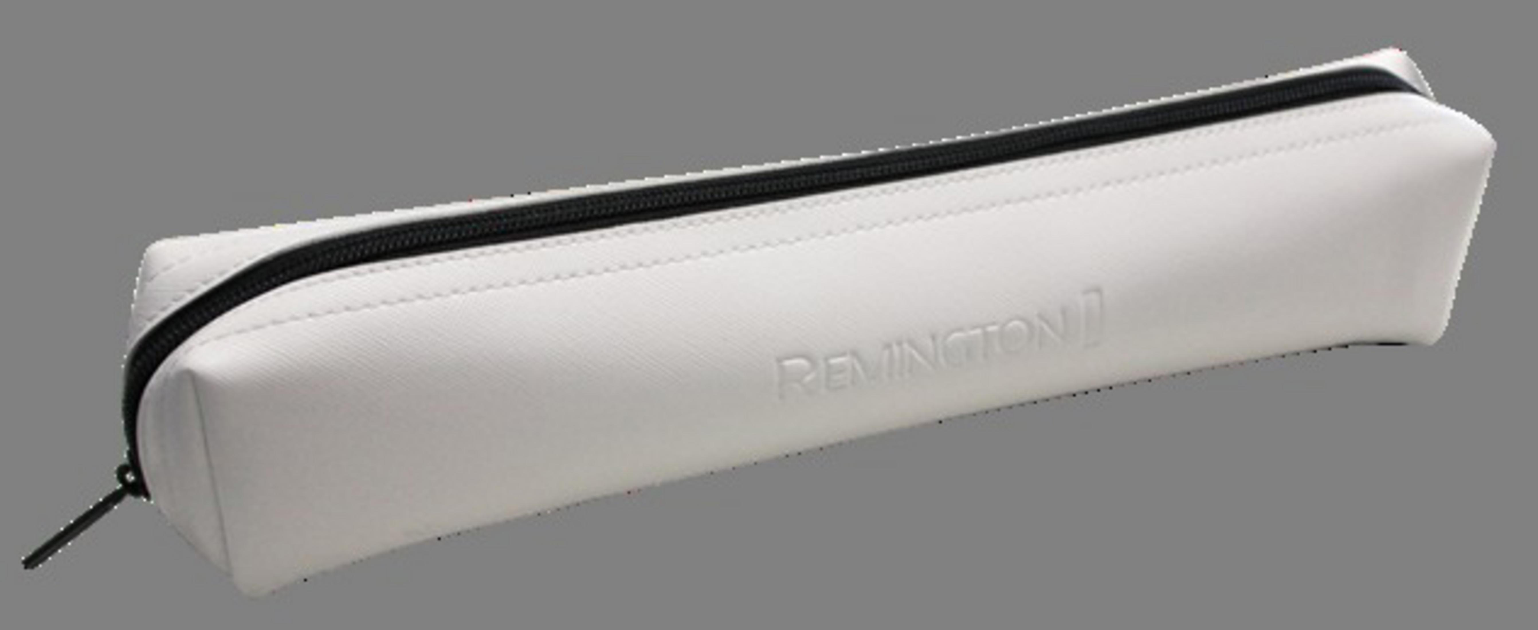 Estuche blanco con cremallera negra y la marca Remington grabada en su superficie.