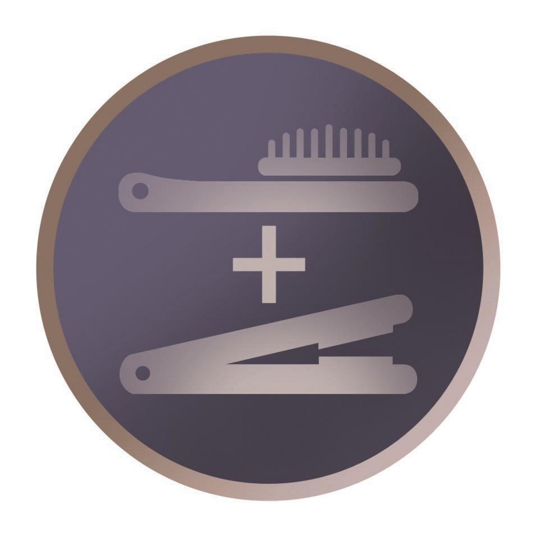 Ein kreisförmiges Symbol mit einer Bürste und einem Haarglätter.