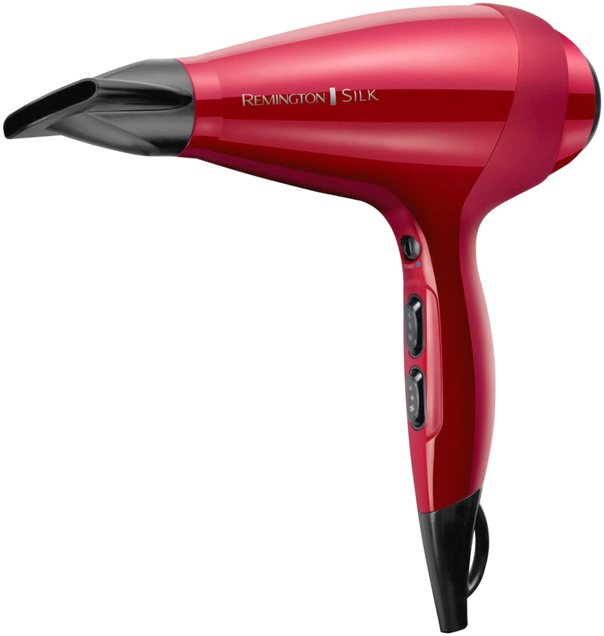Rode haardroger met zwarte nozzle en handvat. 'Remington Silk' staat op de behuizing.