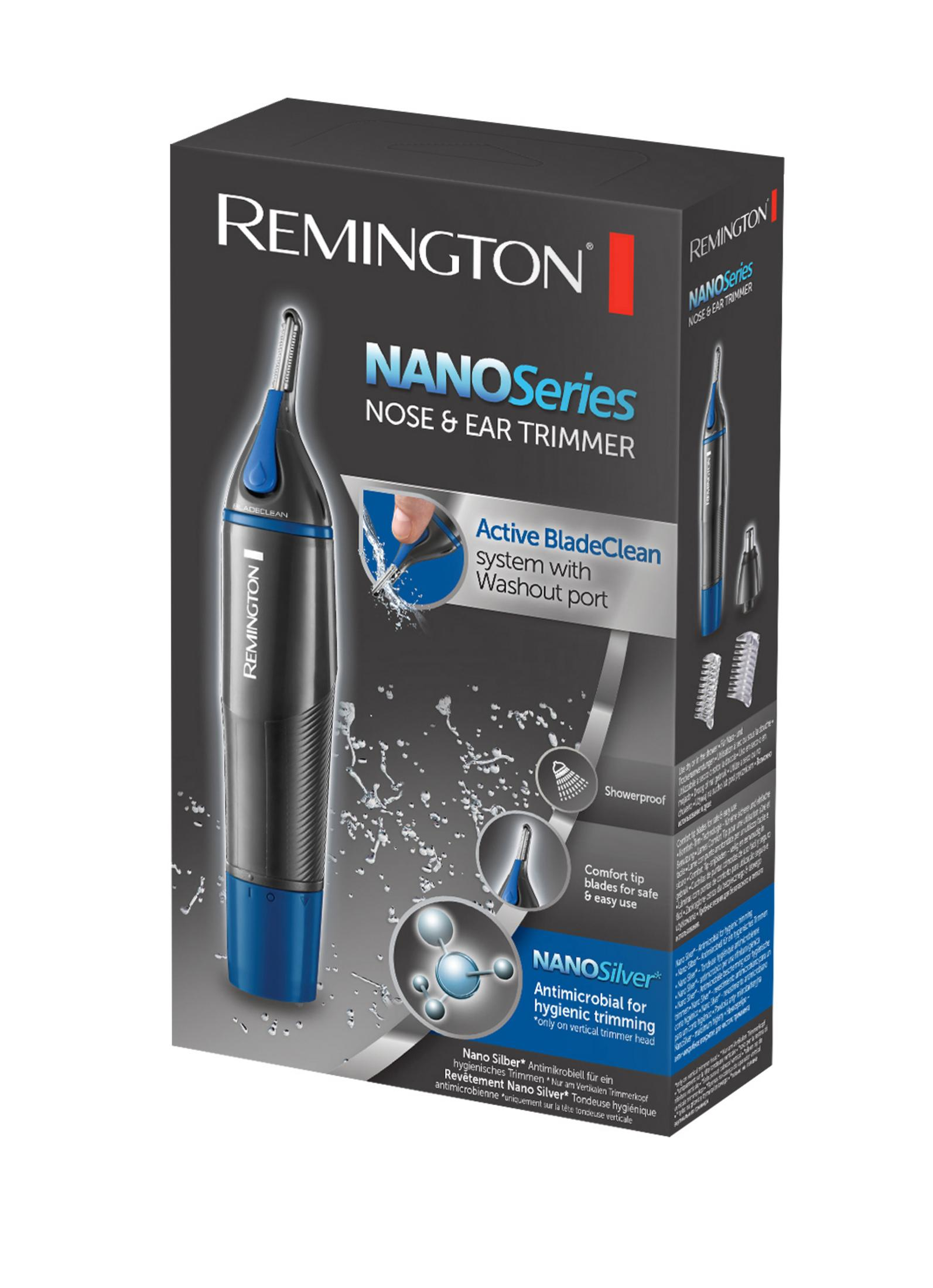 Caja del recortador de nariz y oídos Remington NanoSeries, negro y azul, con detalles.